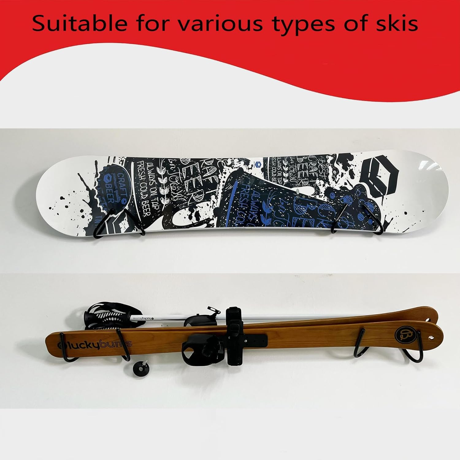 Pmsanzay 2 Pack Universal Ski and Snowboard Wall Storage Rack, Horizontal Wall Rack Hanger, Ski Holders Snowboard Gear Organizer Snowboard Display Stand for Room, Garage image number 2