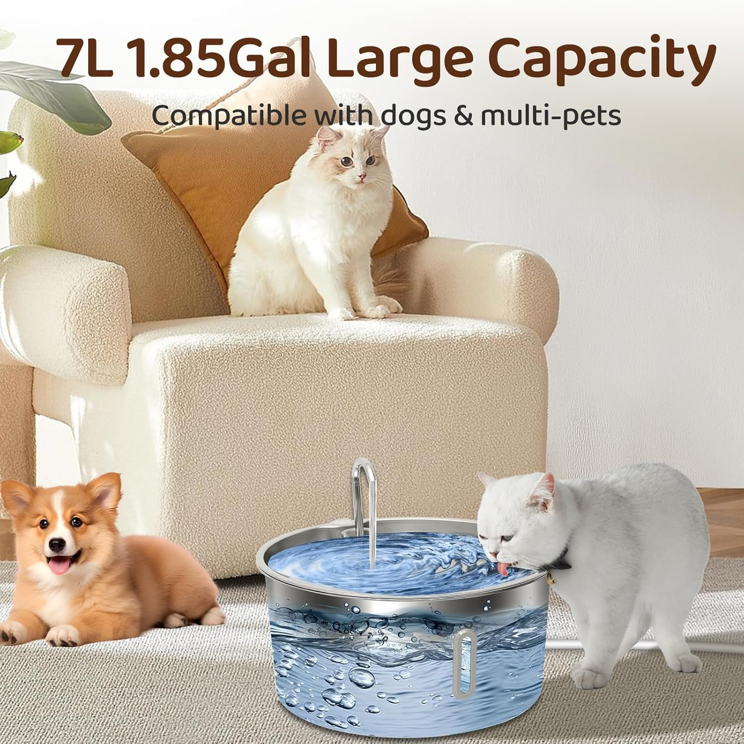 Dog Water Fountain for Large Dogs: 7L/236Oz/1.8G Dog Fountain Stainless Steel - Big Cat Drinking Fountain Indoor - Super Quiet Water Fountain for Dogs inside - for Large Dog Cats & Multi-Pet Home image number 2