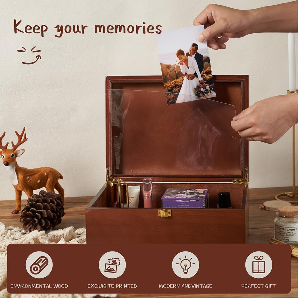 Larger Wooden Memory Keepsake Boxes with Hinged Lids and a Photo Frame inside the Lid - Decorative Storage Box with a Hinge Lids for Picture Letter Time Capsule - Wooden Gift Boxes，5.3&ldquo;*8.6&rdquo;*11.7&ldquo; image number 2