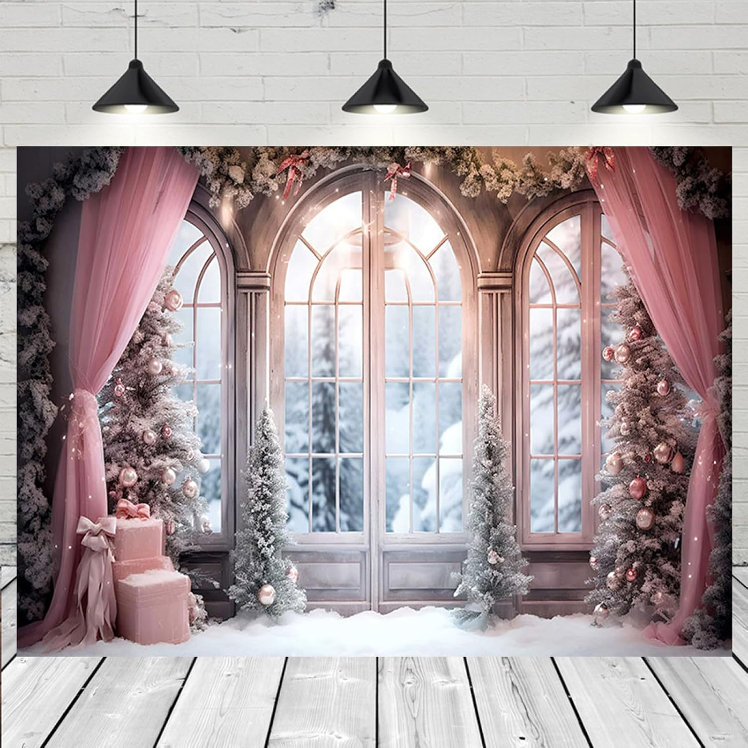 Pink Curtain Winter Xmas Photo Background Christmas Winter Snow Forest Window Photography Background Family Holiday Party Decorations Baby Shower 1St Birthday Backdrop,7X5Ft image number 1