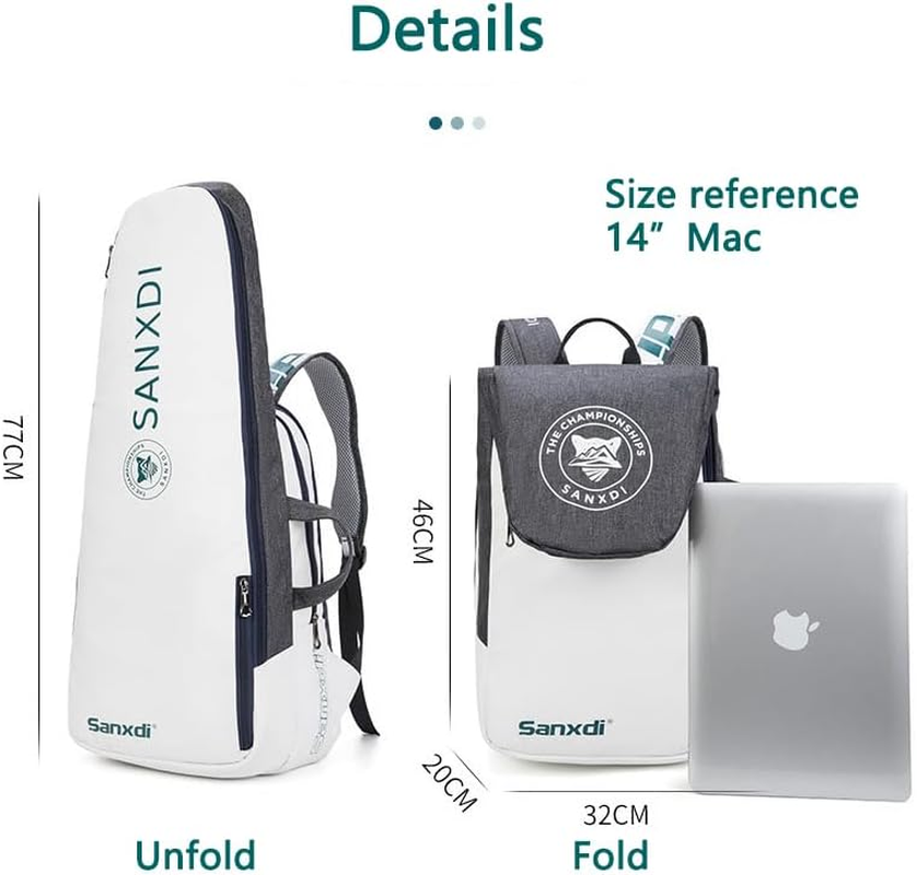 Tennis Bag Backpack for 2 Tenis Rackets or 4Badminton Rackets, Tennis Racket Bags with Separate Shoe Compartment to Hold Pickleball Paddle, Badminton Squash Racquet, Waterproof Laptop Backpack