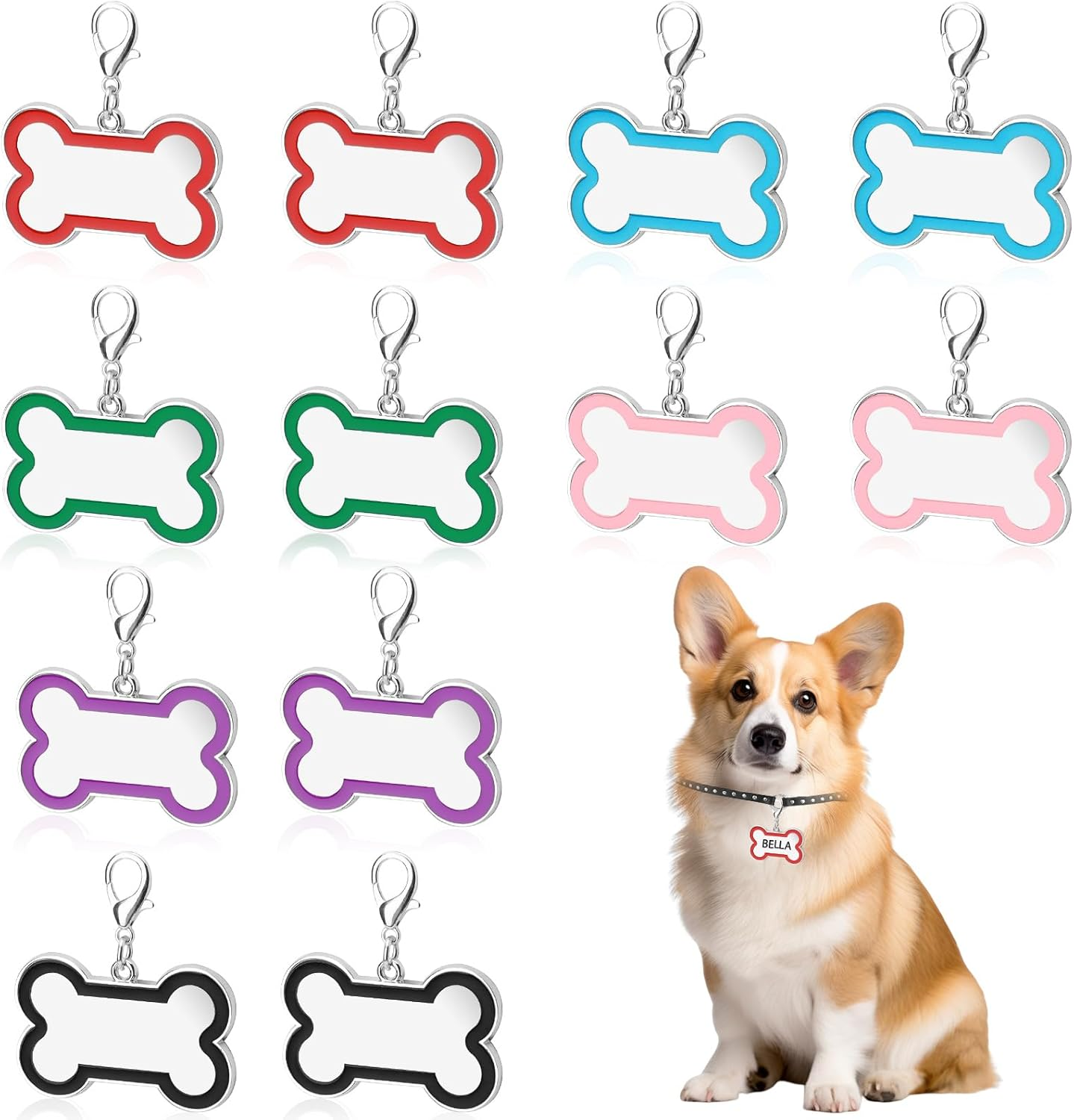 12 Pack Blank Dog Tags Engraved, Zinc Alloy Bone Shape Dog Name Tag for Dog Collar, 1.8In Dog Cat Pet ID Tags with Lobster Clasp for Engraving Name Phone Number (6 Colors) image number 3