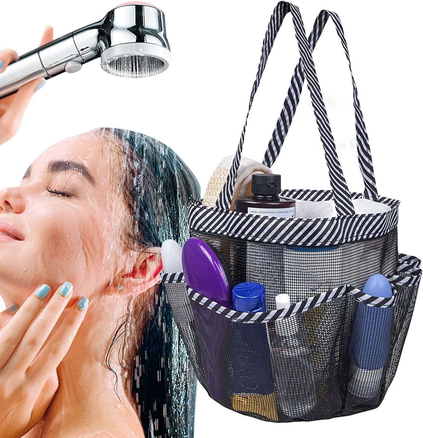 Shuoteng Hanging Shower Caddy, 8 Storage Pockets，Quick Dry Mesh Toiletry Organiser, Grey,Mesh Shower Caddy Tote Bag,Portable Shower Tote Bag for College Dorm image number 1