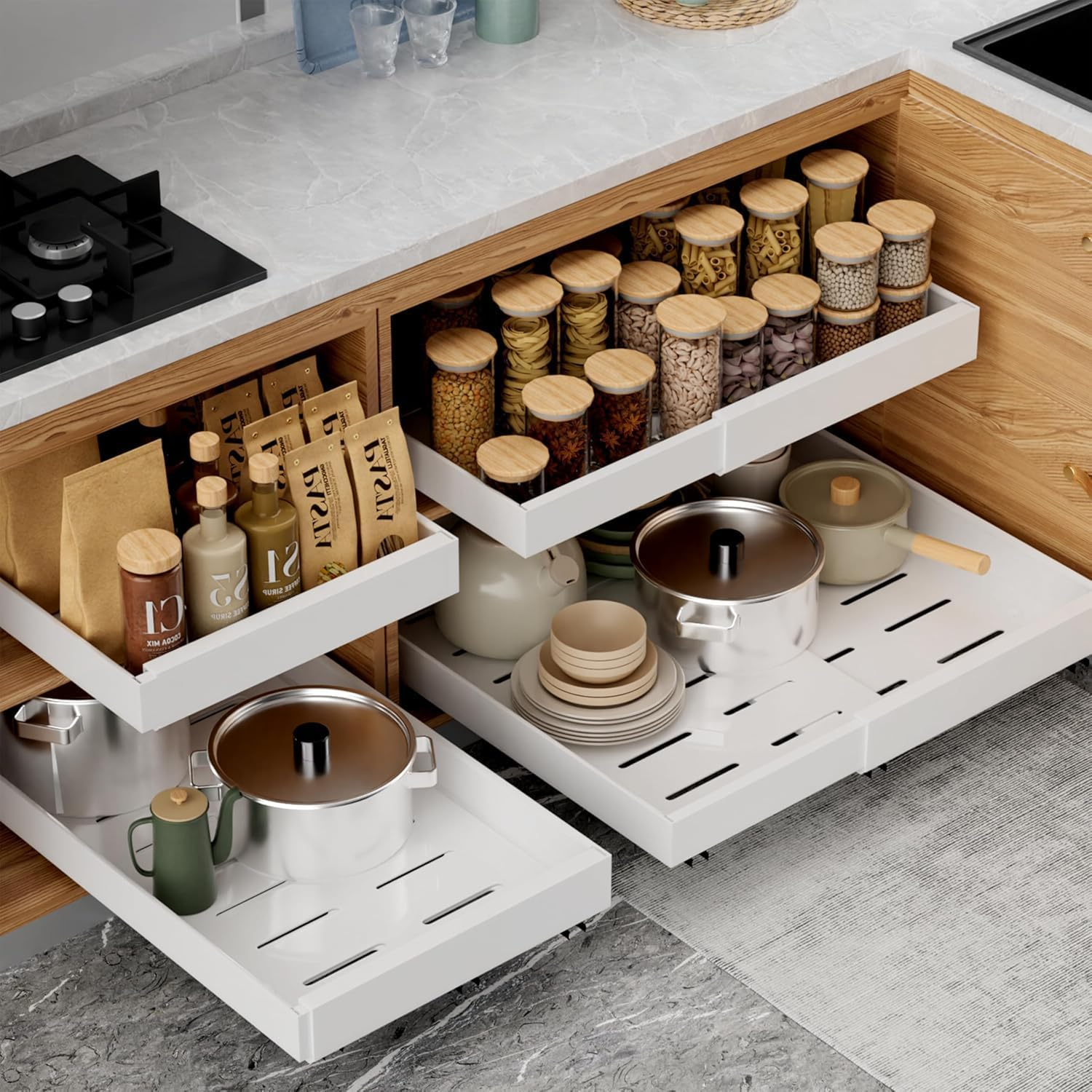 2 Pack Pull Out Cabinet Organizer 52Cm Deep, Expandable(32 to 52Cm W) Pull Out Drawers for Cabinets Adhesive with Film, No Drill Slide Out Drawers for Kitchen Cabinets, White image number 1