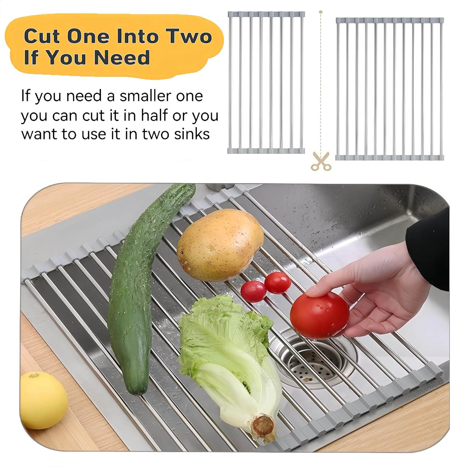 Extra Large Expandable Roll up Dish Drying Rack, Drying Rack Kitchen, over the Sink Dish Drainer Drying Rack, Kitchen Sink Accessories Stainless Steel, Grey (17.7 * 11.8") image number 2