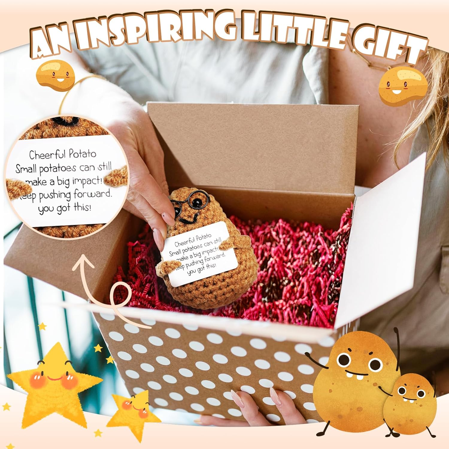 Positive Potato,Geeric Mini Funny Positive Potato+Base Knitted Ornaments Doll Handmade Decoration Positive Card Inspirational Potato Gifts Creative for Christmas New Year School Souvenirs Party Decor image number 5