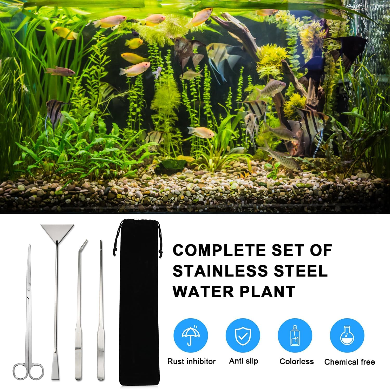 Aquarium Aquascape Tools Kits-4 in 1, Aquarium Tools Kit, Stainless Steel Aquatic Plant Tools Tweezers, Scissors, Scraper for Aquarium Cleaning, Fish Tank Aquascape Tool Set image number 5