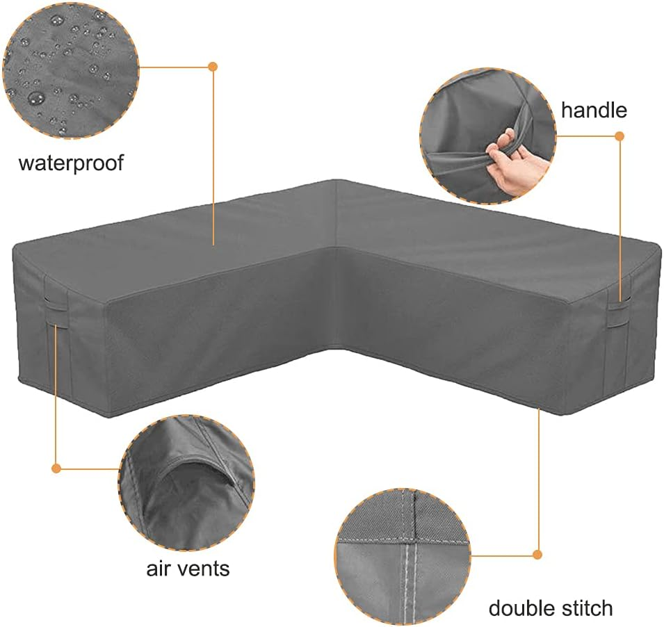 Patio Sofa Cover L-Shaped Sectional Furniture Cover Heavy Duty Outdoor Furniture Set Covers Waterproof Lawn Garden Couch Protector with Buckle Strap & Side Handle - Grey (L Shape 112X87 Inch) image number 5