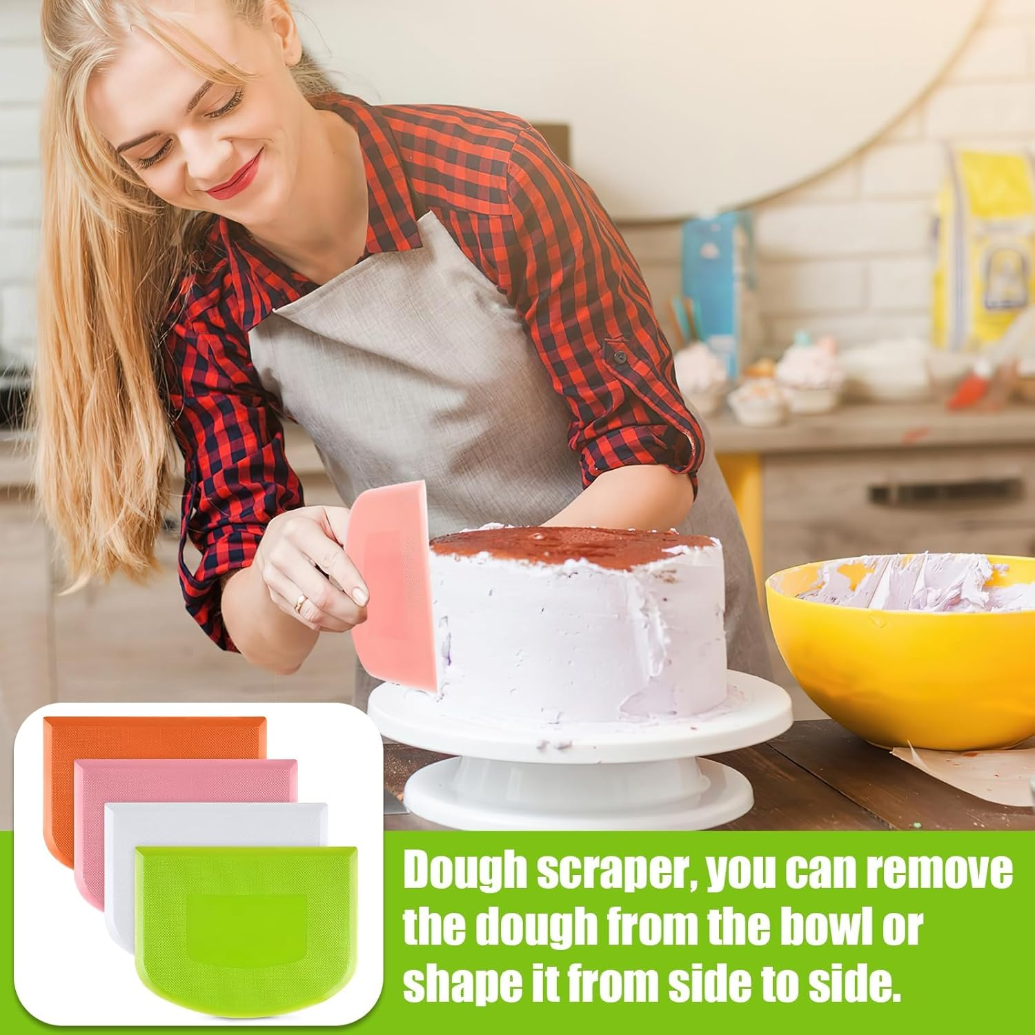 Dough Scraper, 4 Pcs Plastic Dough Cutter Bench Scraper, Multipurpose Food Scrappers for Cake Decorating Baking (Pink, Green, White, Orange)