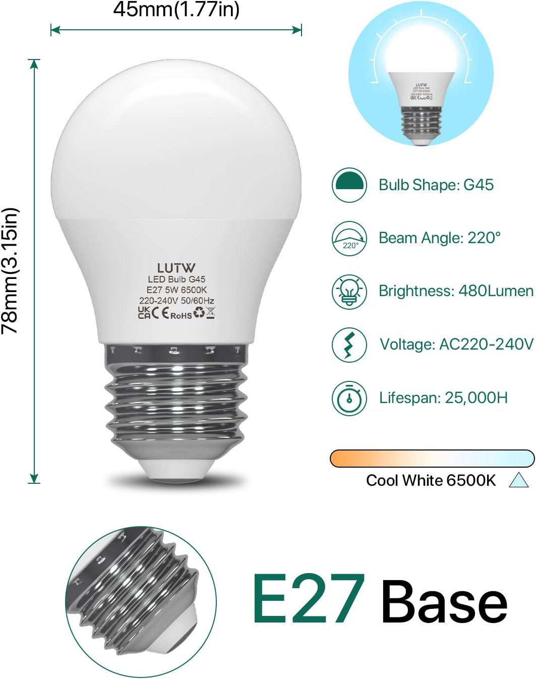 E27 LED Light Bulb, Small Edison Screw in Light Bulbs 5W (40W Equivalent) Cool White 6500K,G45 Golf Ball Energy Saving Bulbs for House Lighting, 480 Lumen Non-Dimmable, 6 Pack image number 1