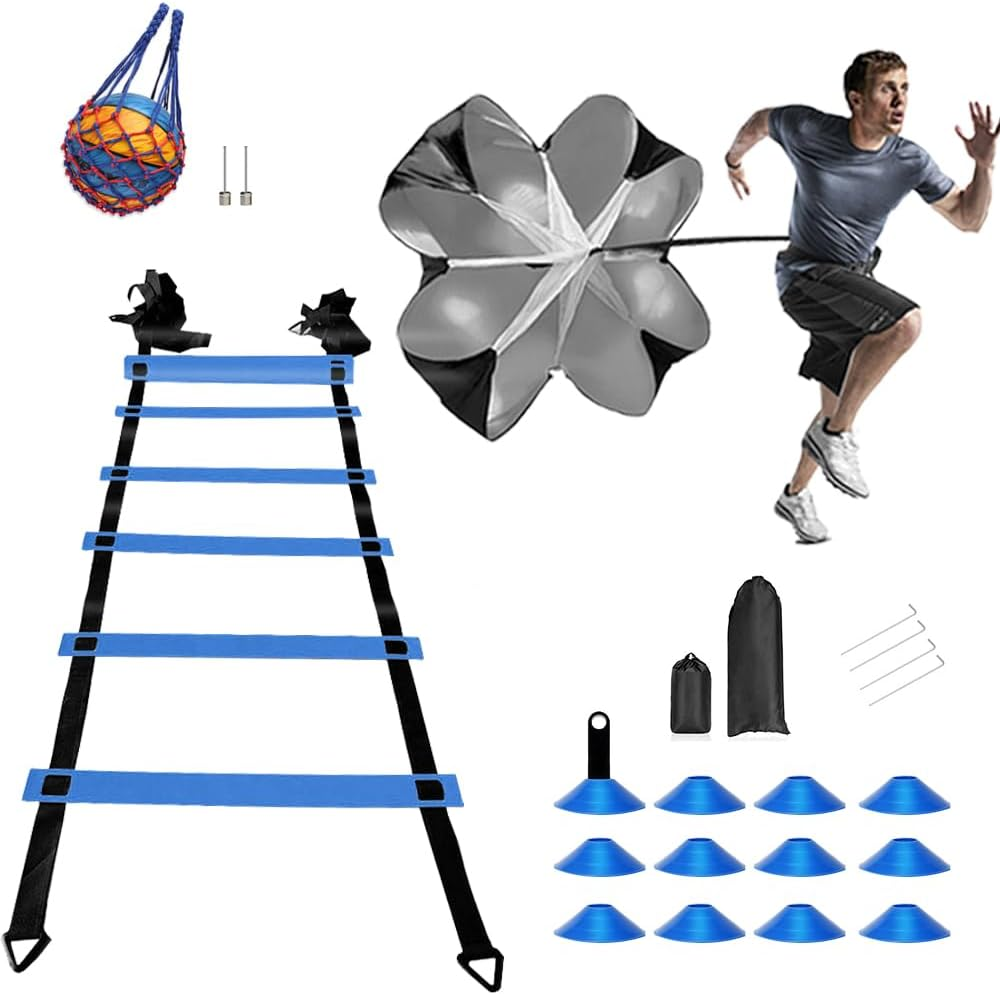 30PCS Agility Training Equipment Kit, Football Training Equipment, Speed Training Set for Kid Youth Adults,6M Agility Ladder,4 Hurdles,12 Soccer Cones,Resistance Parachute,Ball Net(Blue)
