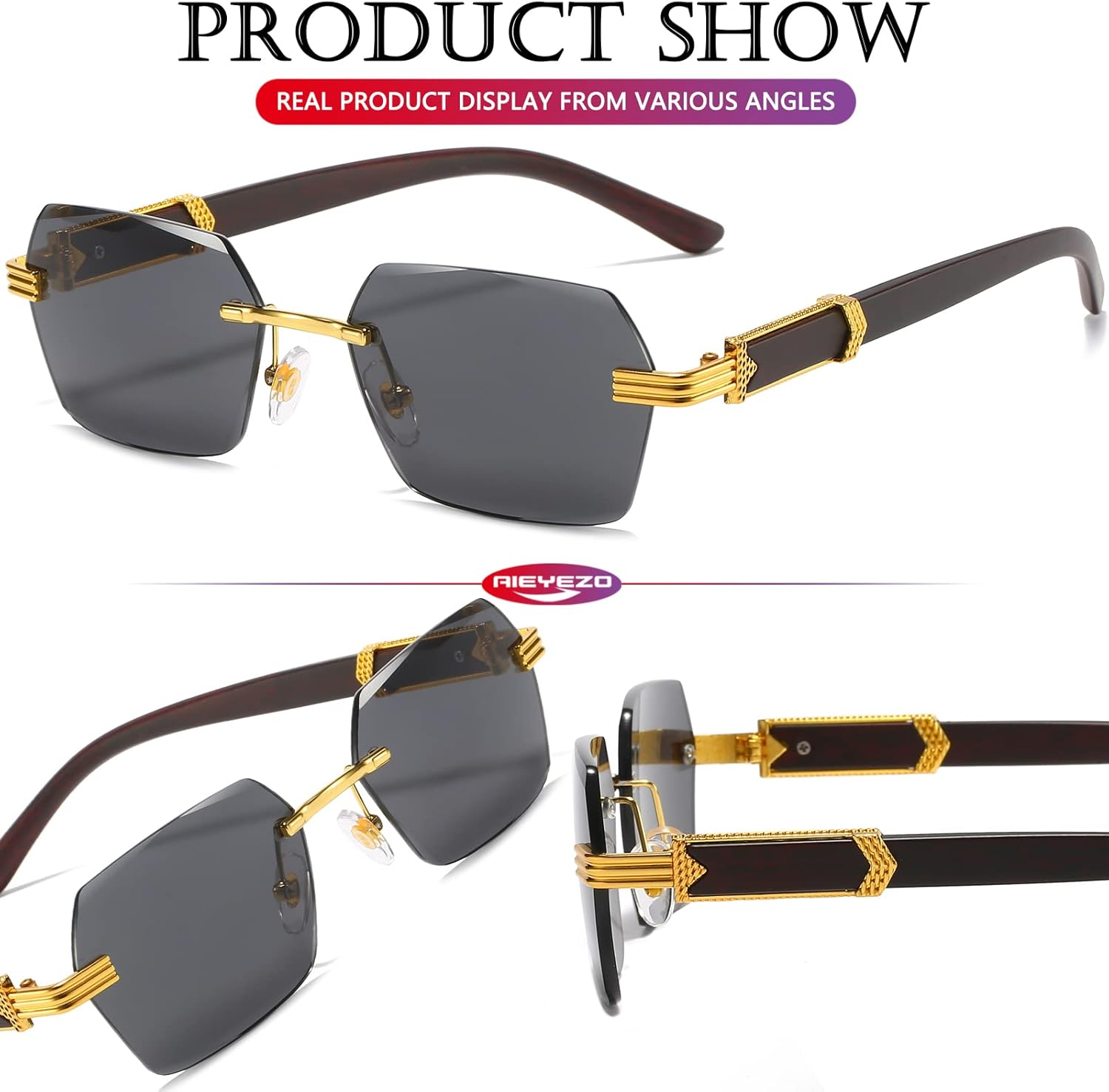 AIEYEZO Retro Rimless Sunglasses Rectangle Women Men Vintage Frameless Sun Glasses Fashion Frameless Square Tinted Glasses image number 6