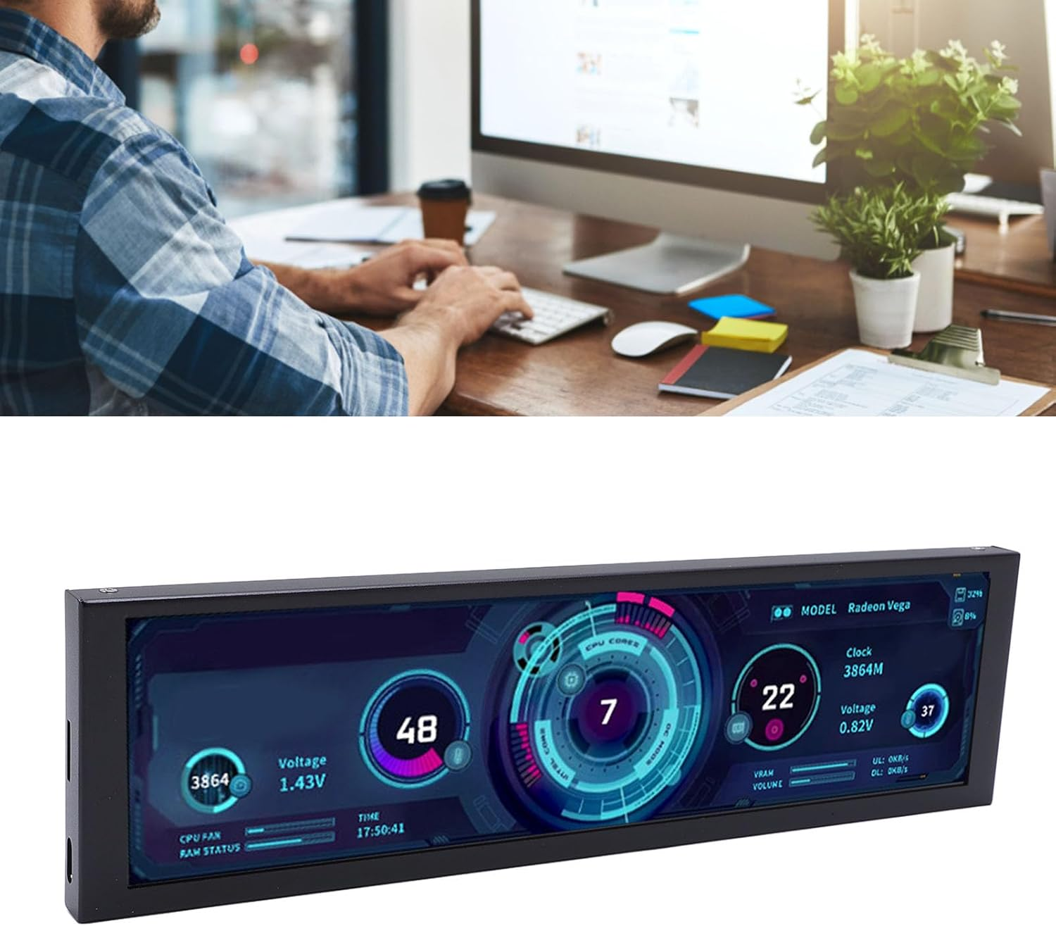 8.8 Inch IPS PC Case Screen - Internal Rotatable Secondary Display W/Standalone SD Playback, Plug and Play Aluminum Frame Monitor, Zero Performance Drain (1920X480) image number 3