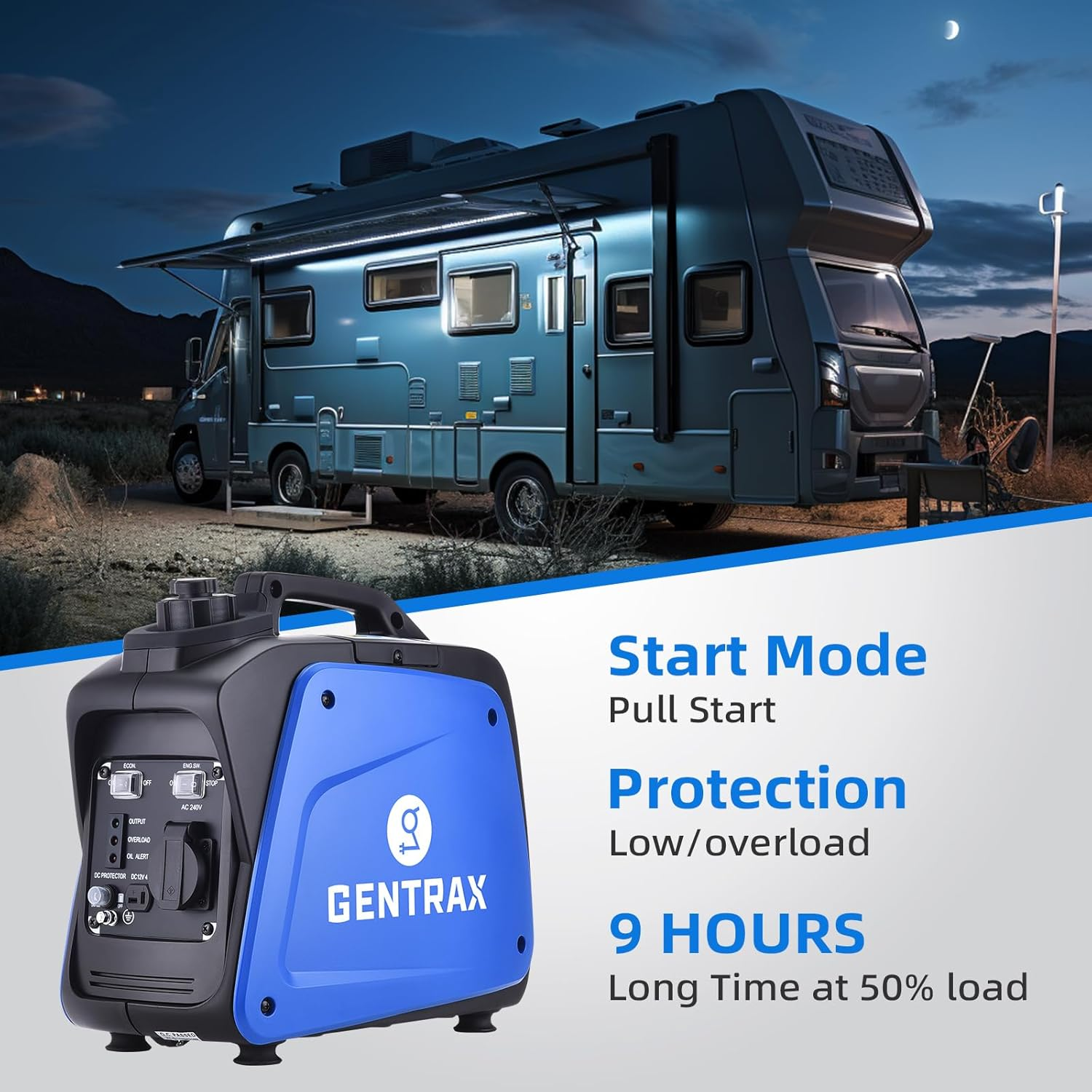 Gentrax 700W Portable Inverter Generator - 800W Peak, 100% Pure Sine Wave, Ultra-Light 8.5Kg, Petrol Powered, Ideal for Outdoor Camping and Emergency Home Backup - Blue