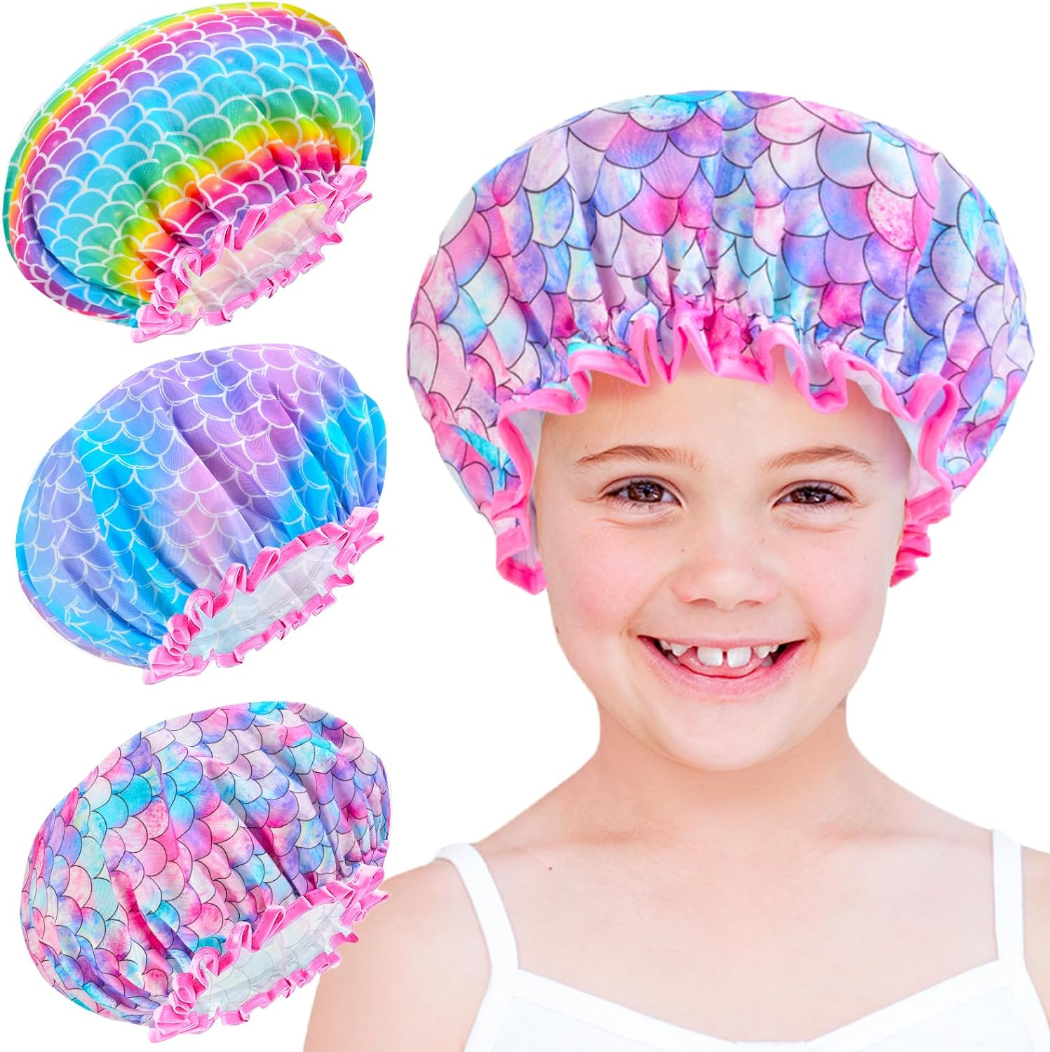 3 Pcs Kids Girls Toddler Shower Cap - Reusable Plastic Rainbow Unicorn Mermaid Hair Cap, Waterproof Adjustable Cute Head Cap for Children and Women