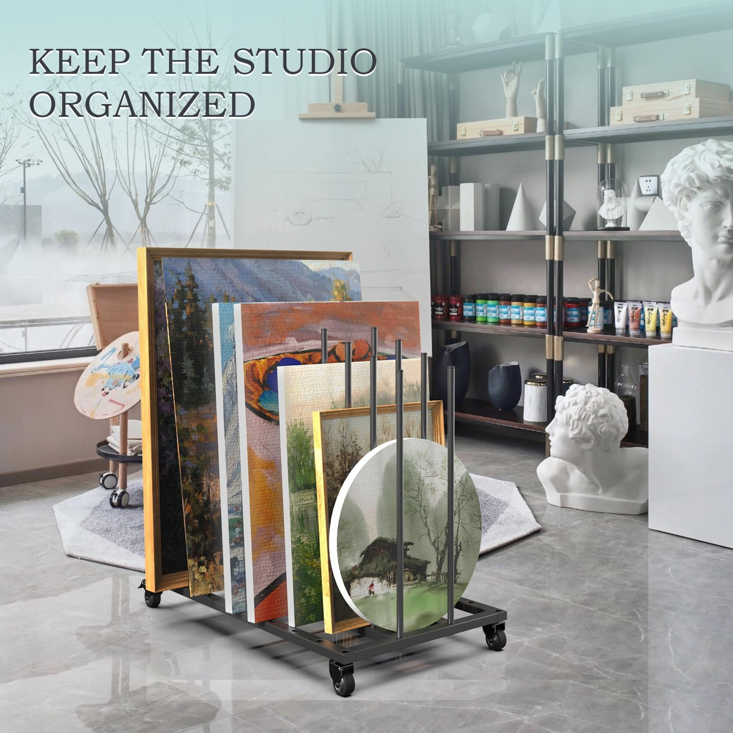 Mosegor Art Canvas Storage Rack with Wheels，Iron Art Storage Easel with Wheels，Adjustable Art Drying Painting Rack，Suitable for Drying Canvas Boards, Painting Boards, Crafts（Black） image number 2