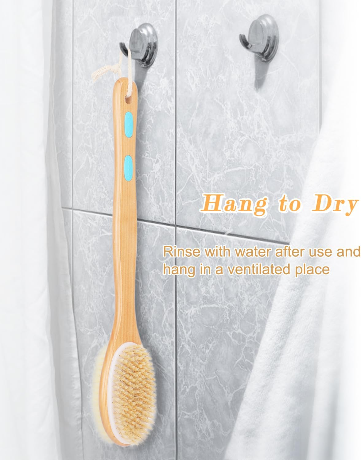 FREATECH Long Handle Body Brush Back Scrubber Exfoliator - 17.3" Wooden Bath Shower Brush, Dual-Sided Brush Head with Soft Nylon Bristles and Stiff Natural Bristles for Wet or Dry Brushing,Blue image number 6