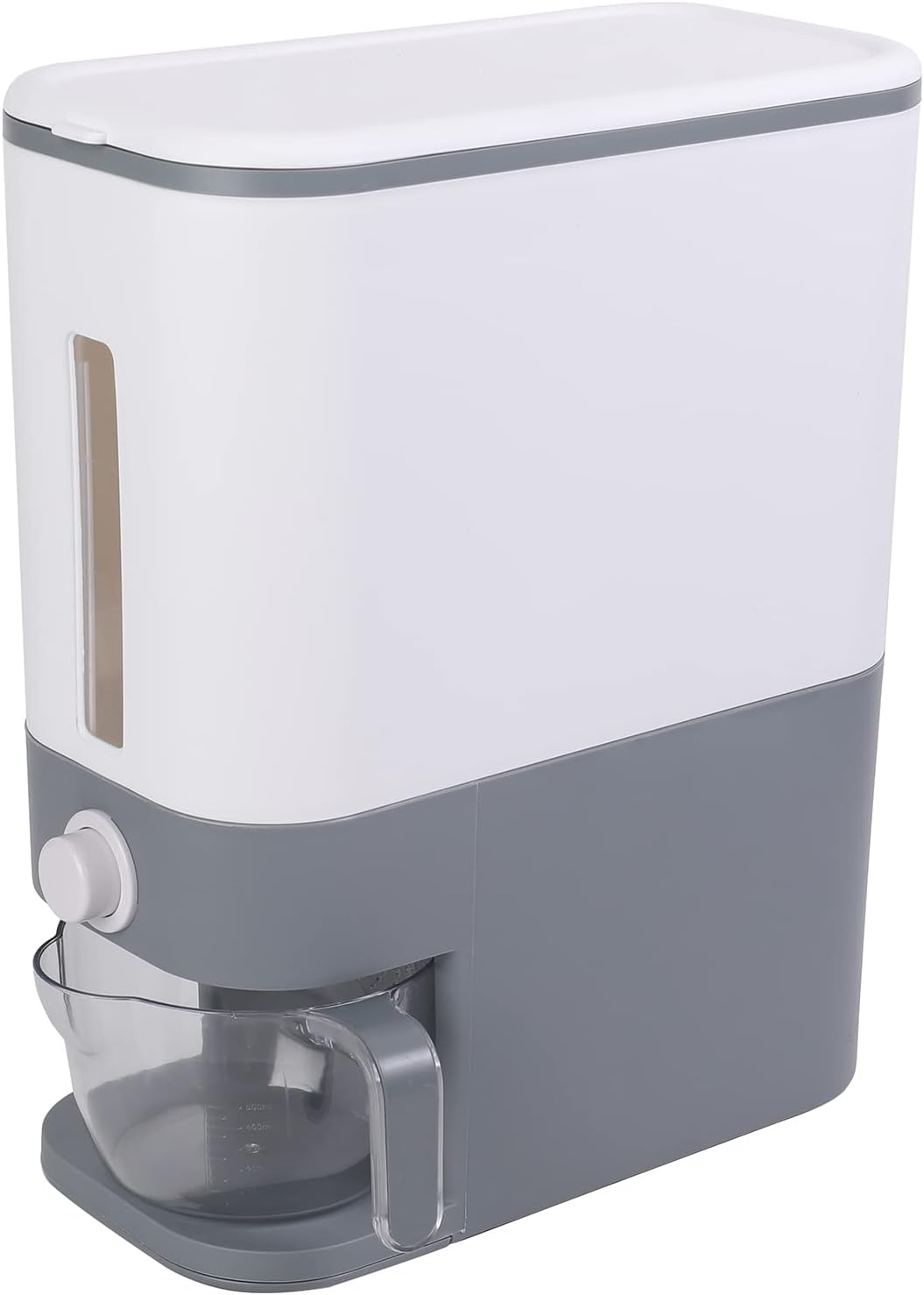 Sooyee 20Lbs Rice Dispenser, Large Grain Container Storage with Lid Measuring Cylinder Moisture Proof Household Cereal Dispenser Bucket for Kitchen Soybean Corn,Clear and White