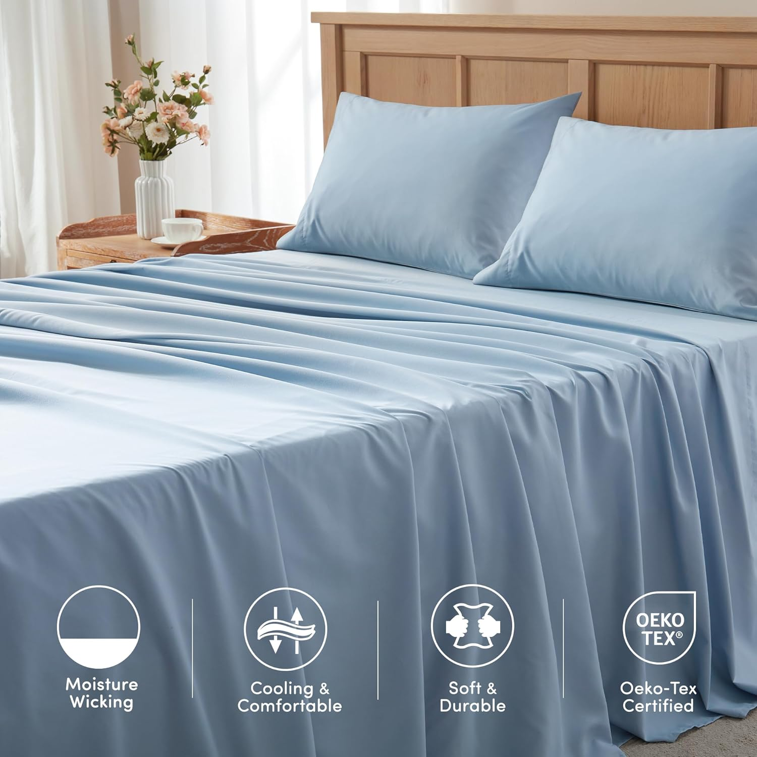 Comfort Spaces Coolmax Moisture Wicking Sheet Set Soft, Fade Resistant, All Elastic Deep Pocket Fits up to 16" Mattress - Warm Weather Cooling Sheets for Night Sweats, Twin, Blue, 3 Piece image number 3