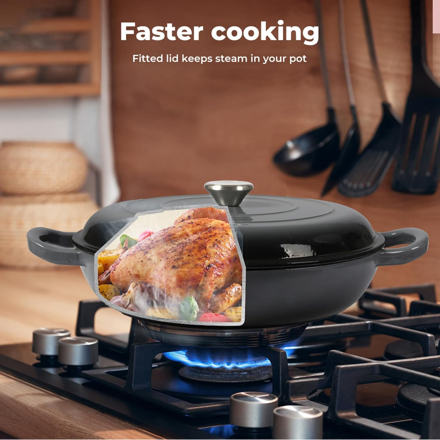 TOQUE Enameled Cast Iron Dutch Oven 3.5L Pot with Lid Kitchen Cookware Black, 3.7 Quart Camping Cooking Non-Stick Slow Cooker Shallow Pan, round Dutch Oven Pots for Bread Baking,Braise,Stew,Roast image number 2