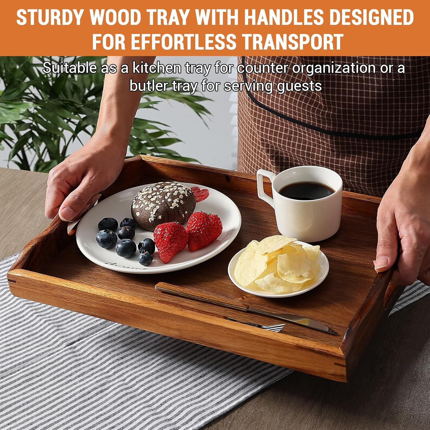 MOOKOMI Nature Walnut Wooden Serving Tray with Handles, Solid Wood Food Tray for Coffee, Breakfast, Dinner, Ottoman,16.6X11.8X2.4 Inches image number 4