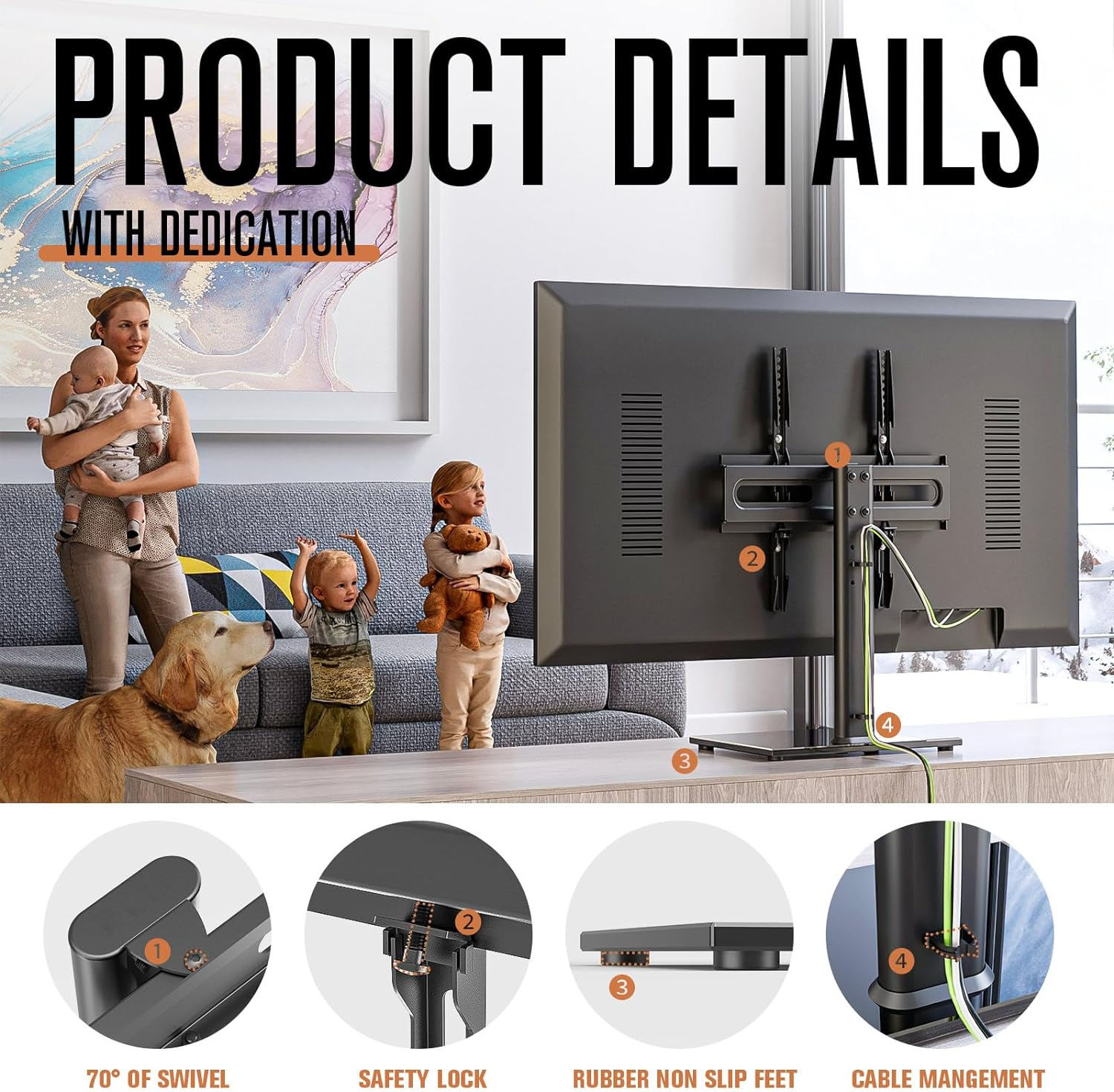 Hemudu Universal Swivel TV Stand/Base Table Top TV Stand with Wall Mount for 27 to 60 Inch 9 Level Height Adjustable, Heavy Duty Tempered Glass Base, Holds up to 88Lbs Screens, HT06B-002&hellip; image number 2