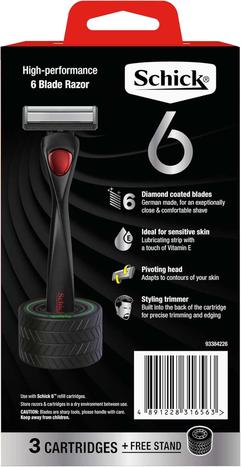 Schick Mens - Schick 6 Razor Kit for Men | 1 Handle with 3 Refills + Free Tyre Stand | 6 Diamond Coated Blades | Ideal for Sensitive Skin | Close and Comfortable Shave