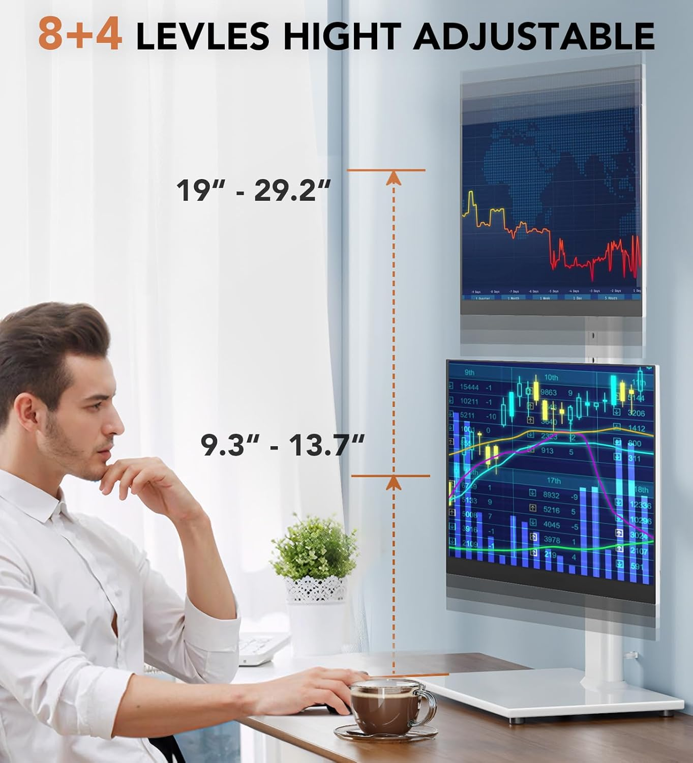 Hemudu Dual Monitor Stand - Vertical Stack Screen Free-Standing Monitor Riser Fits Two 13 to 34 Inch Screen with Swivel, Tilt, Height Adjustable, Holds One (1) Screen up to 44Lbs HT05W-002 White image number 6
