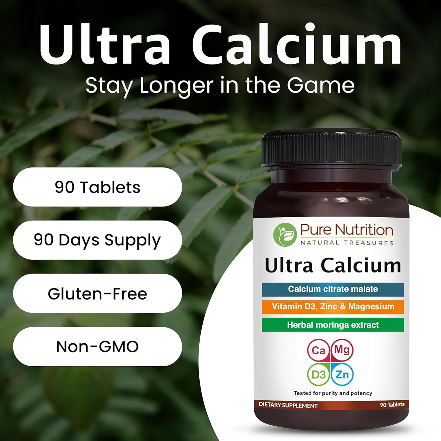 Pure Nutrition Ultra Calcium Citrate 1000Mg Highly Absorbable Calcium Supplement with Calcium Citrate Malate, Vitamin D, Zinc and Magnesium - 1 Tablet Daily (90 Veg Tabs) Non-Gmo | Gluten-Free
