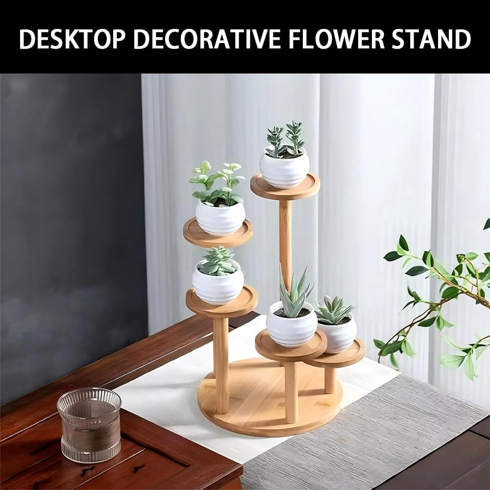 5-Tier Wooden Plant Stand &ndash; Tall round Bamboo & Wood Shelf Rack for Indoor/Outdoor Use, Multi-Tier Desktop Plant Holder for Living Room, Balcony, Patio, Garden, Office Decoration image number 5