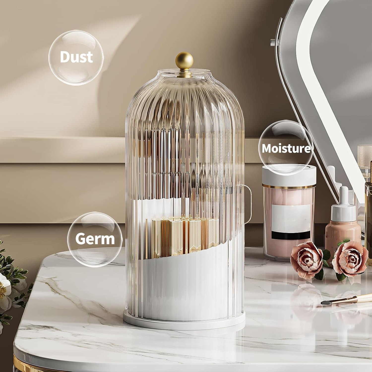 STORICANS Makeup Brush Holder Rotating Organiser with Clear Lid，Sliding Opening Dustproof Makeup Brush Case Makeup Organizer Storage for Dressing Table Organiser,Vanity,White - White image number 4