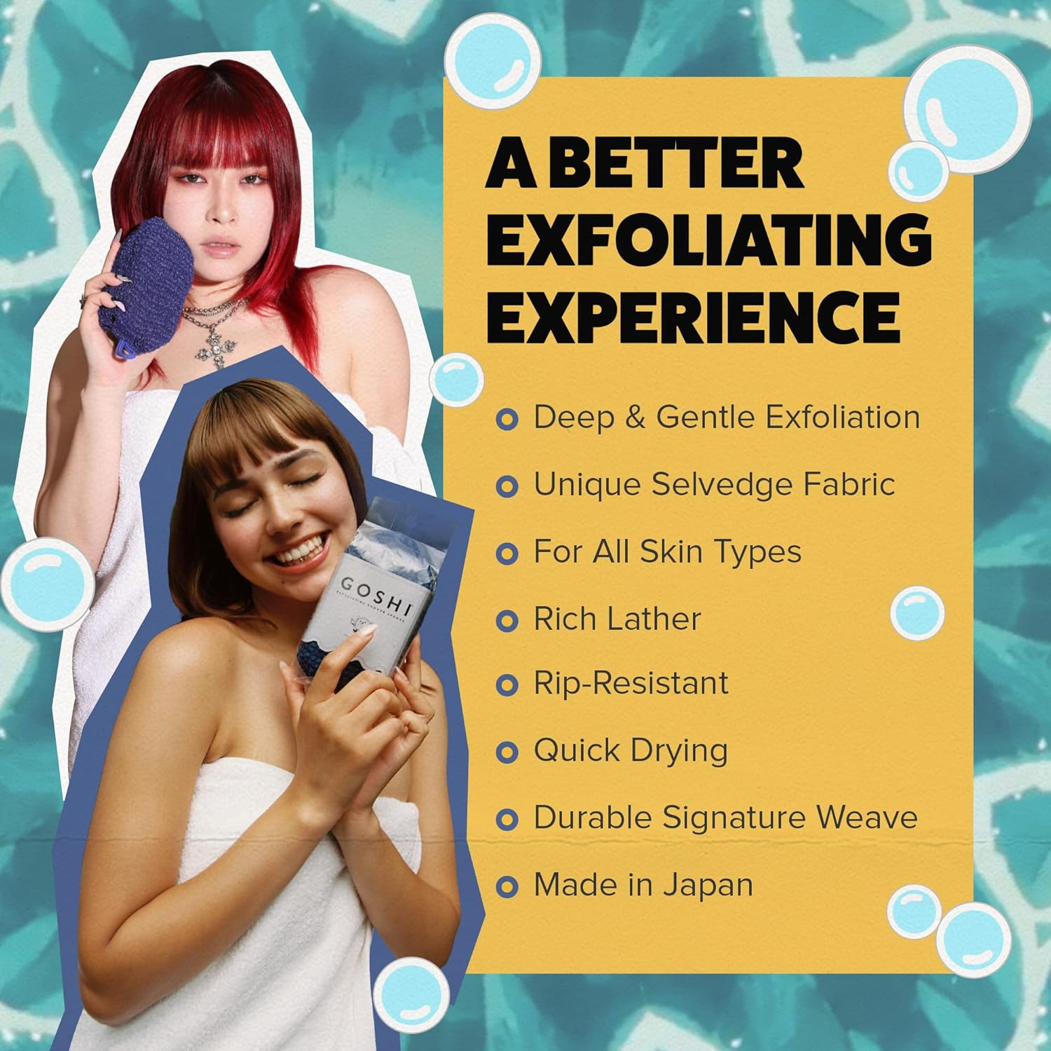 GOSHI Exfoliating Shower Sponge - Rip-Resistant, Rapid-Drying Exfoliating Bath Sponge for All Skin Types - Indigo Blue - Made in Japan - Green image number 3