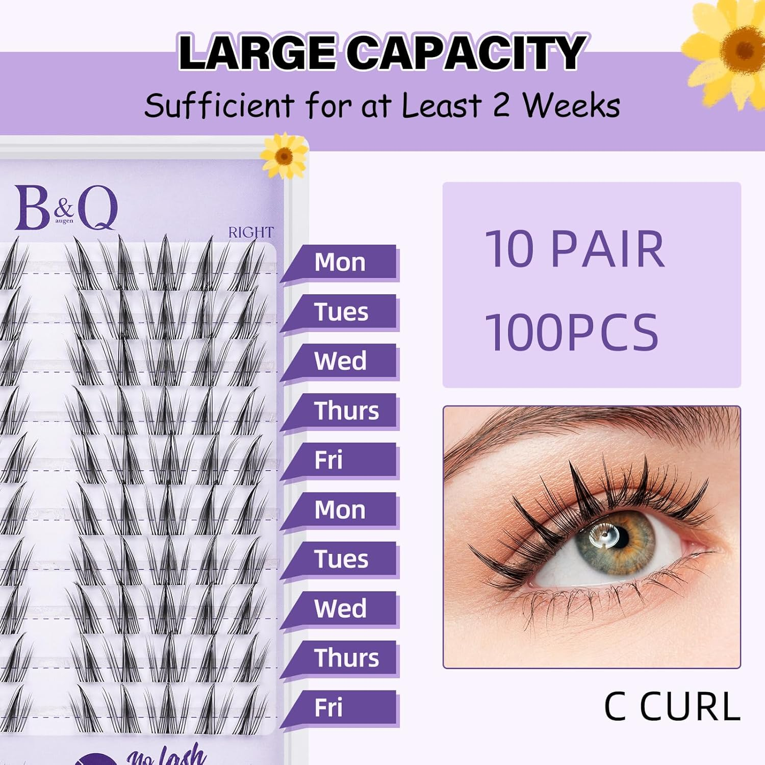 B&QLASH Lash Clusters Kit Sunflower Lash Extension Kit No Lash Map Natural Lash Clusters with Invisible Band 12-14Mm Eyelash Extension Kit C Curl Lash Kit with Lash Bond and Seal(Sunflower) image number 3