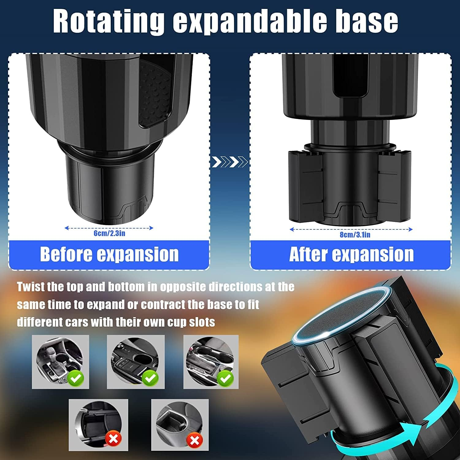 Car Cup Holder Expander Cup Holder Adapter with Adjustable Base Stable Car Accessories Car Cup Expander for 2.7 to 4.2" Cup/Bottle image number 5