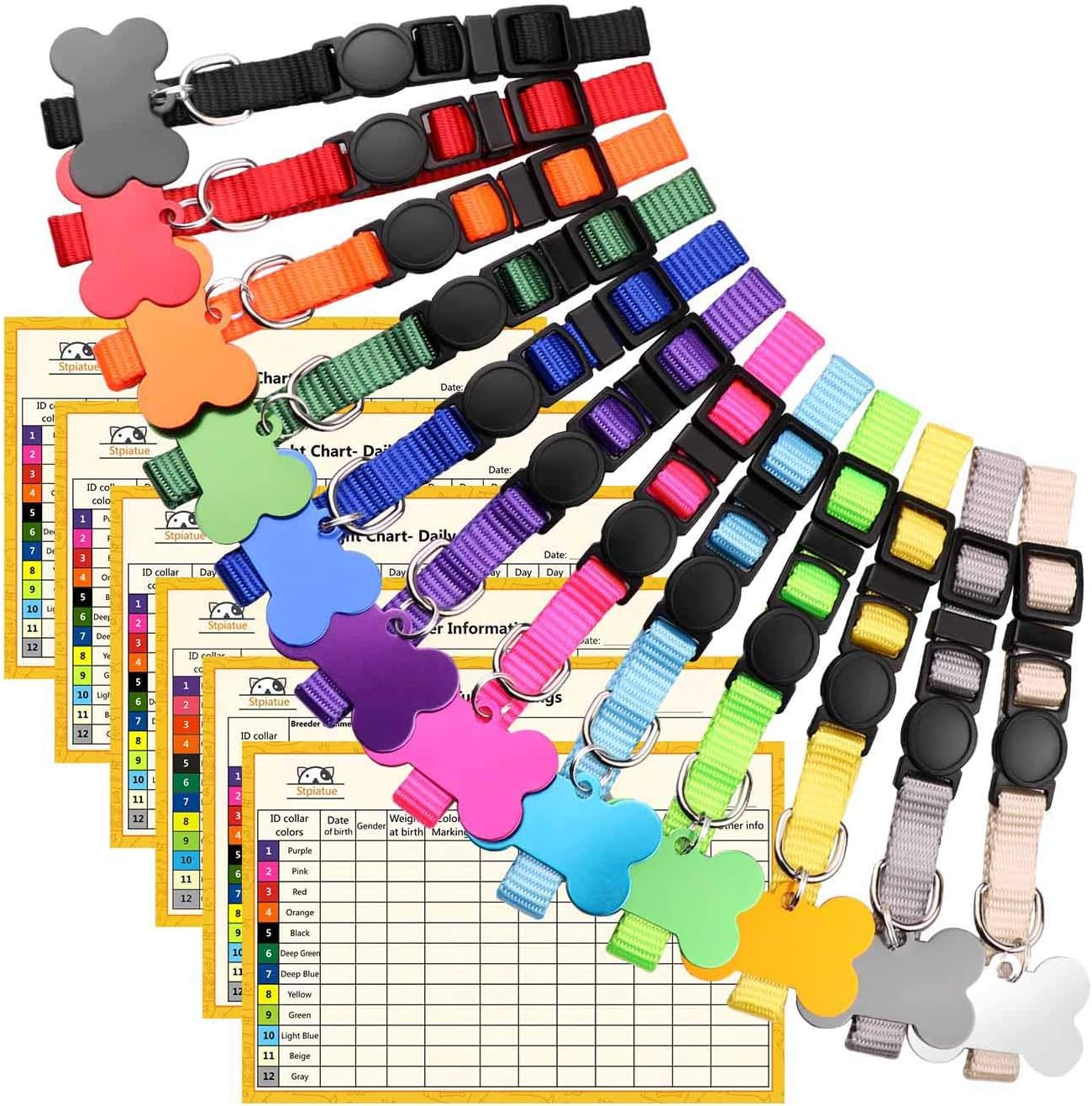 Upgraded Puppy Collars for Litter Puppy ID Collars Whelping Supplies Soft Nylon Breakaway Coloured Collars with 12 ID Tags and 6 Record Keeping Charts(S) image number 3
