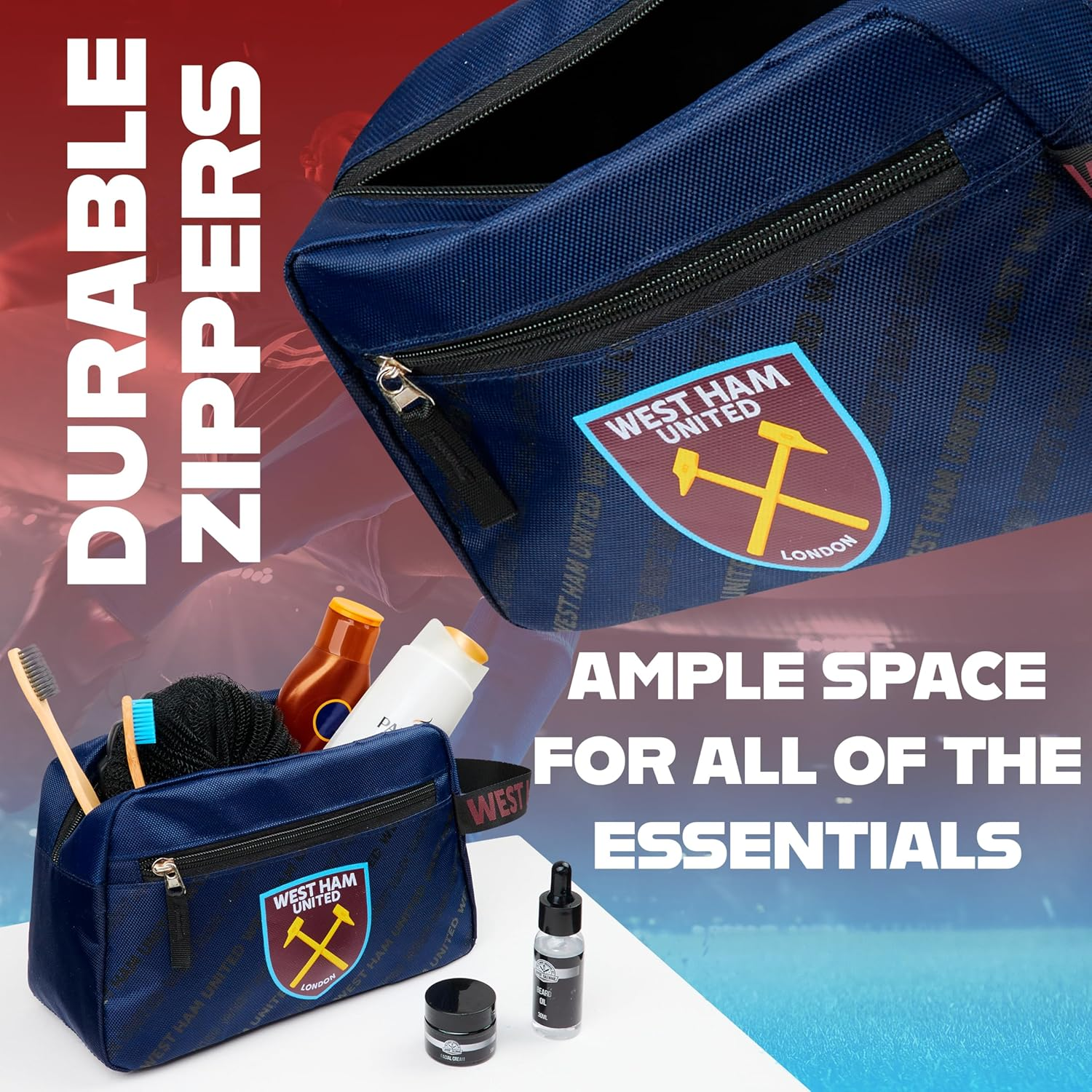 West Ham United F.C. Toiletry Bags for Men, Hanging Wash Bag with Zipped Pocket - Gifts for Him, Navy, Toiletry Bag image number 2