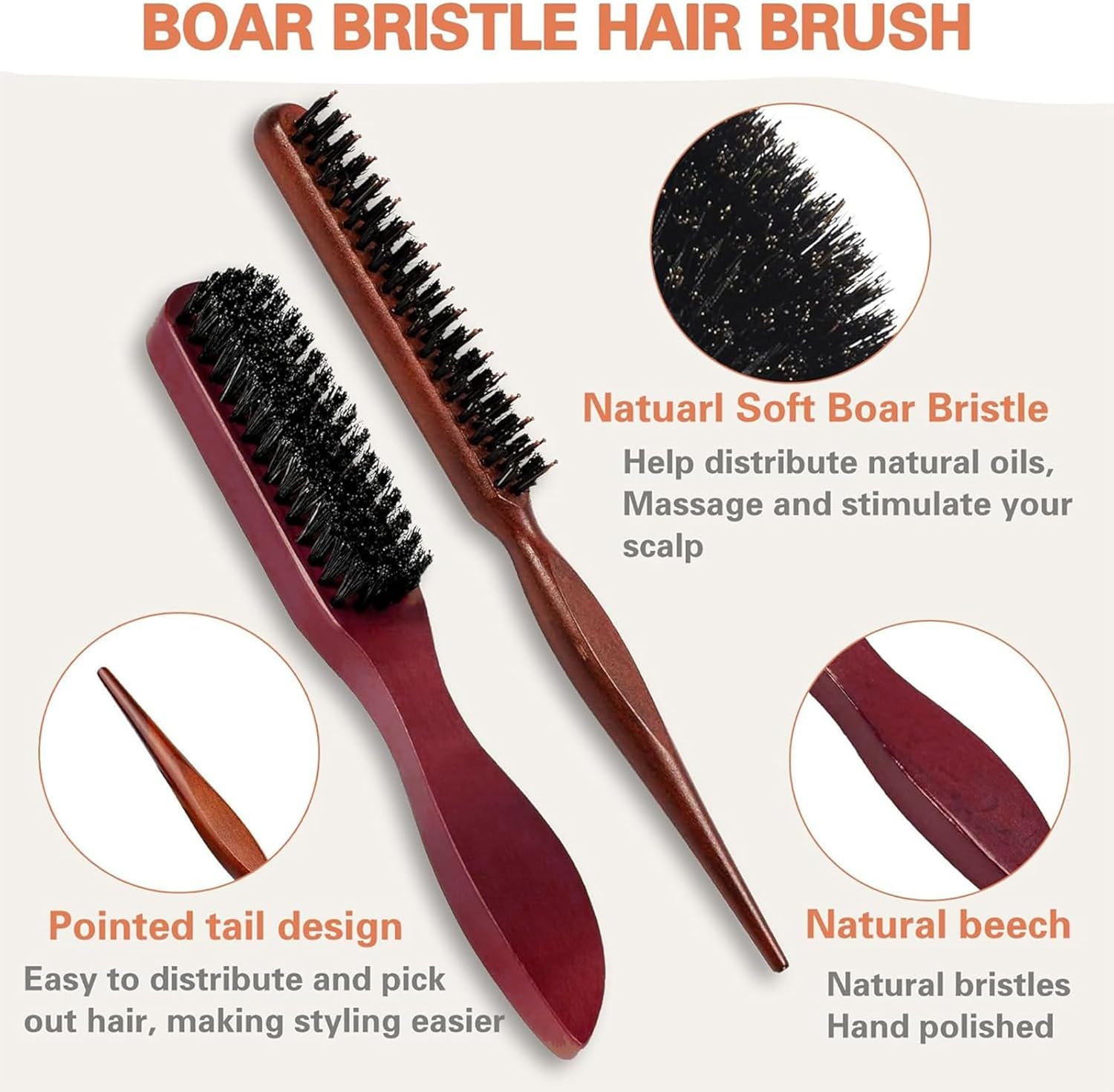 Kzvsiy 3 Pcs Boar Bristle Hair Brush Set, Detangling & Styling Combs for Hair and Beard, Soft round and Slick Back Combs with Eyebrow Brush for Men & Women image number 5