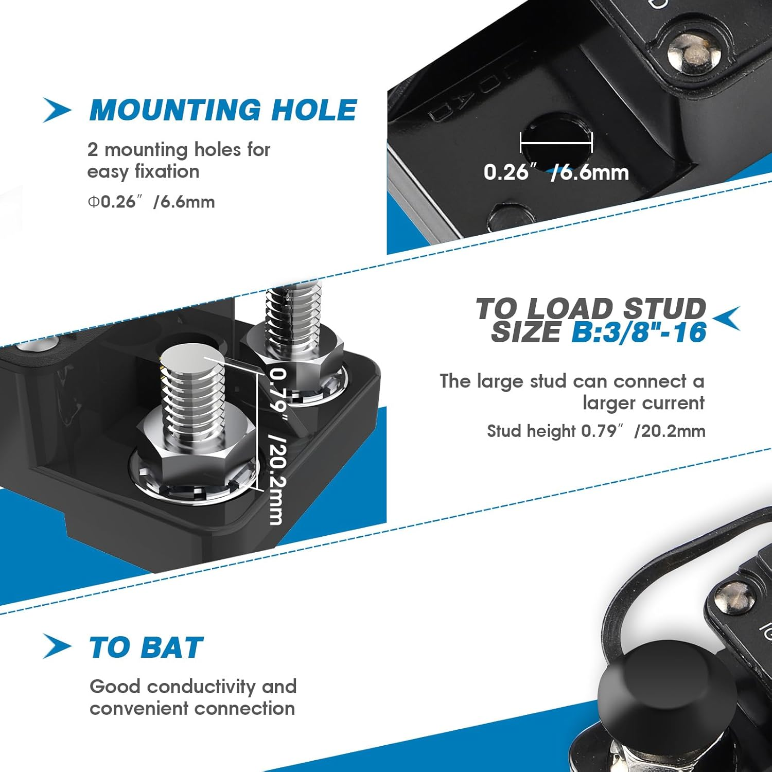 GLOSO E9C Waterproof Circuit Breaker 12V-48V DC 30 Amp Extended Surface Mount 5/16" Diagonal Stud for Marine RV Truck Use IP67 Rated Manual Reset Function(30A) image number 3