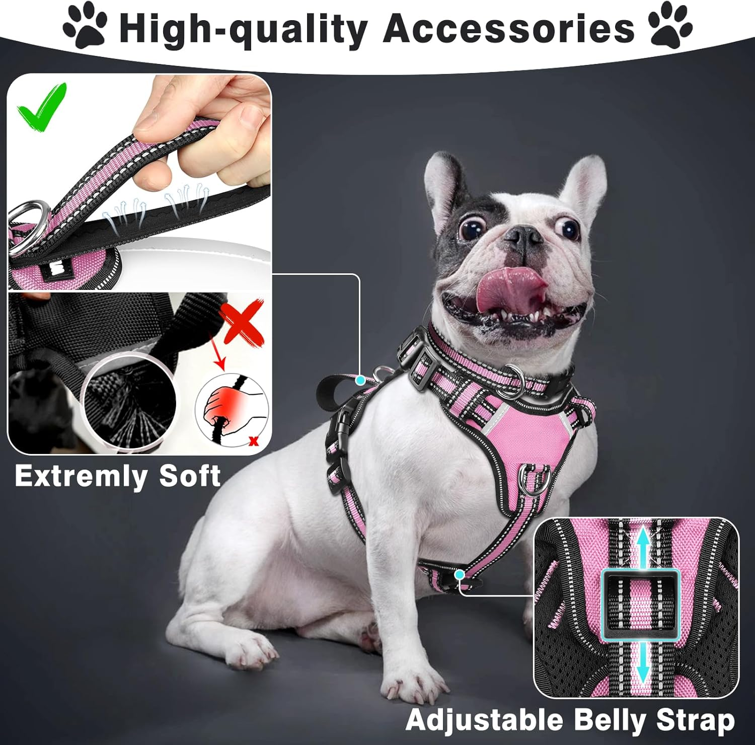 WINSEE Pet Harness Collar and Leash Set, All-In-One Reflective Dog Harness No Pull with Adjustable Buckles for Puppies, Small, Medium, Large, and Extra-Large Dogs (Large, Pink) image number 2
