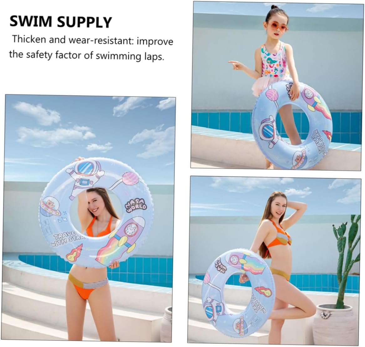 ERINGOGO Cartoon Rabbit Astronaut Pattern Inflatable Lifebuoy PVC Swim Ring Adult Swim Ring Leakproof Nozzle Comfortable image number 4