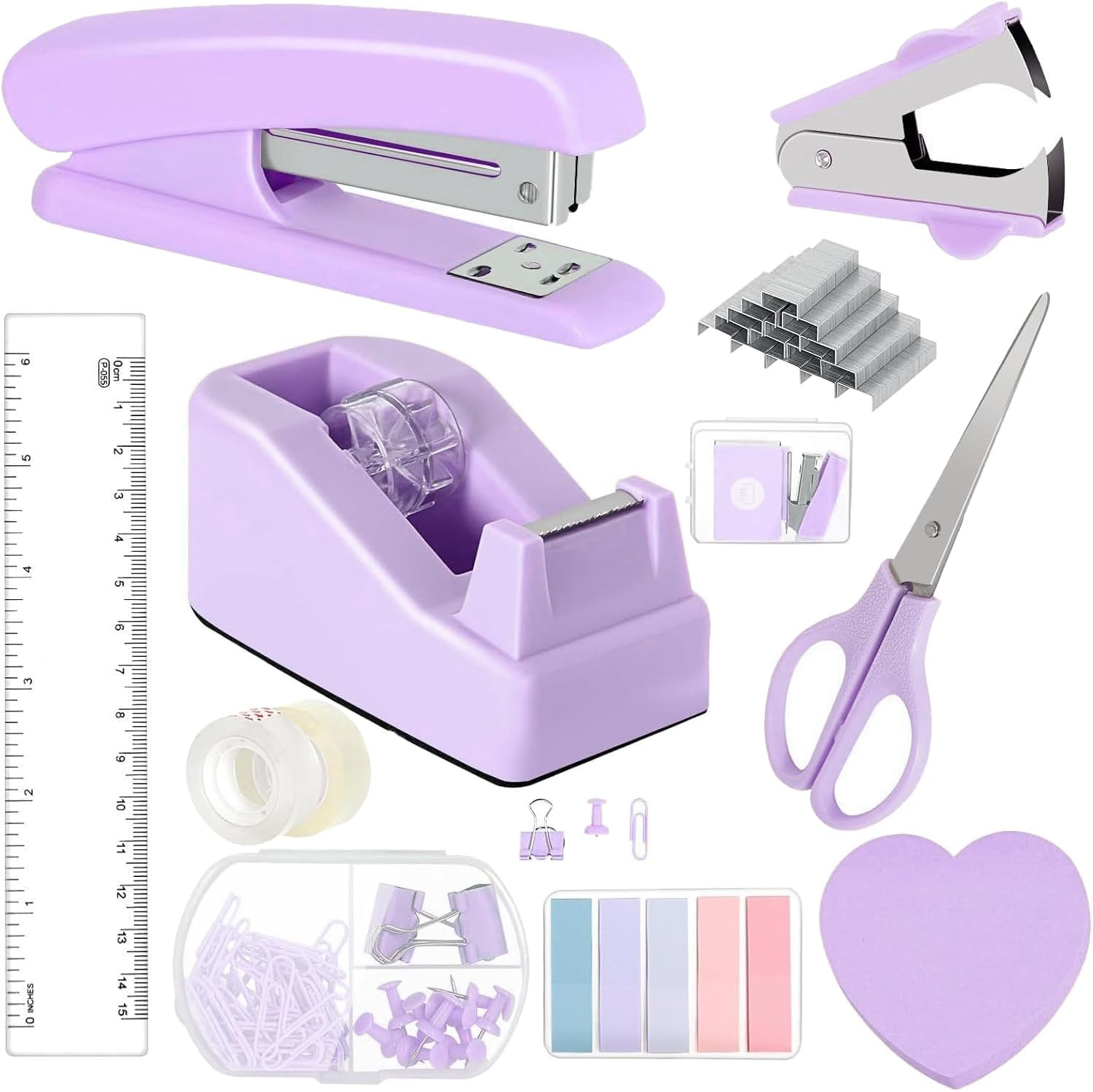 Mini Office Supply Kit, Mini Desktop Office Stationery Includes Stapler, Mini Stapler, Nail Starter, Paper Clips, Dovetail Clips, Tape Cutter, Sticky Notes, Scissors (Pink)