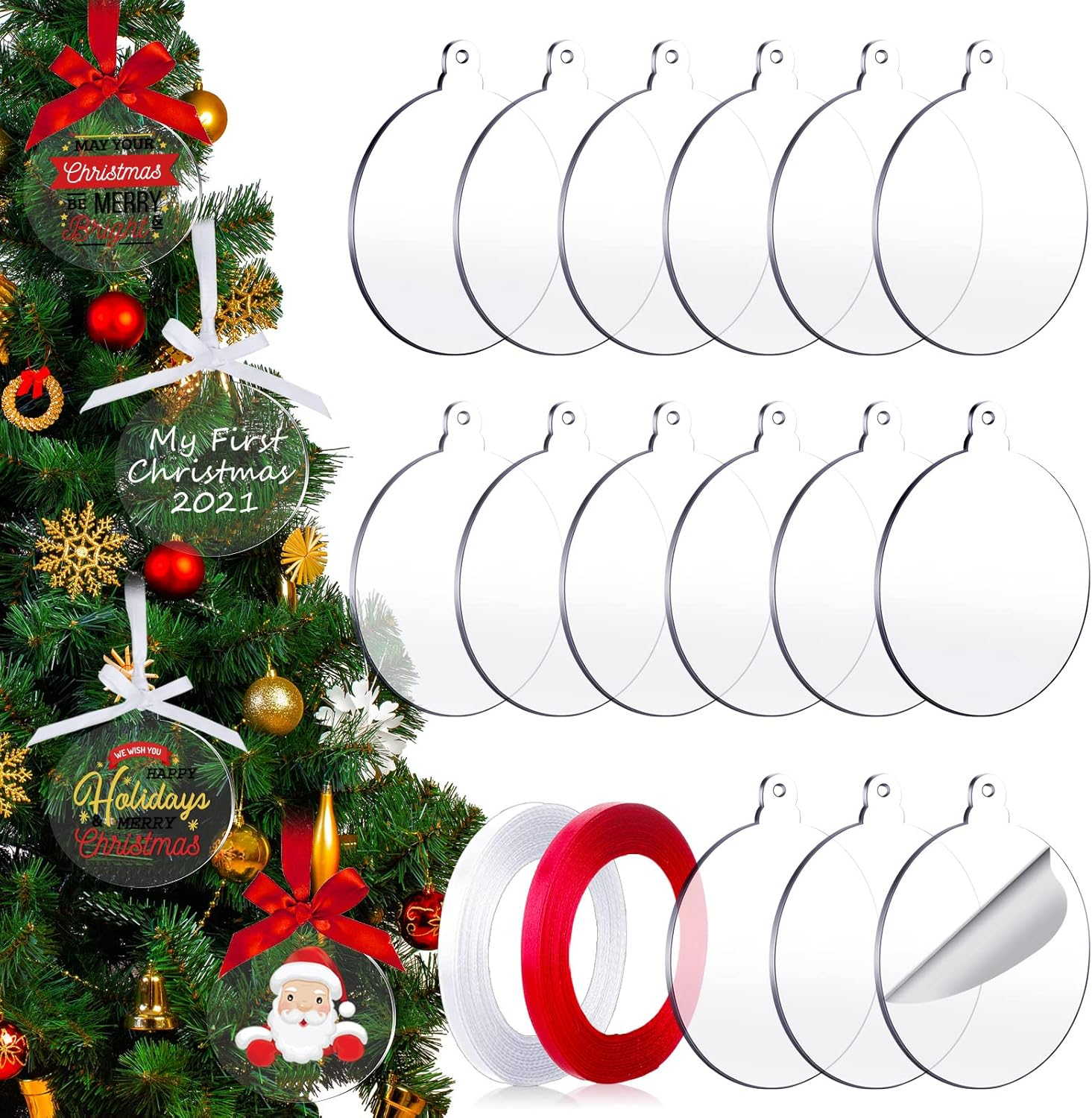 48 Pieces Clear round Acrylic Blanks Bulk Christmas Tree Ornament 3 Inch Acrylic Discs Ornament with Ribbons for DIY Craft Hanging Tag image number 6