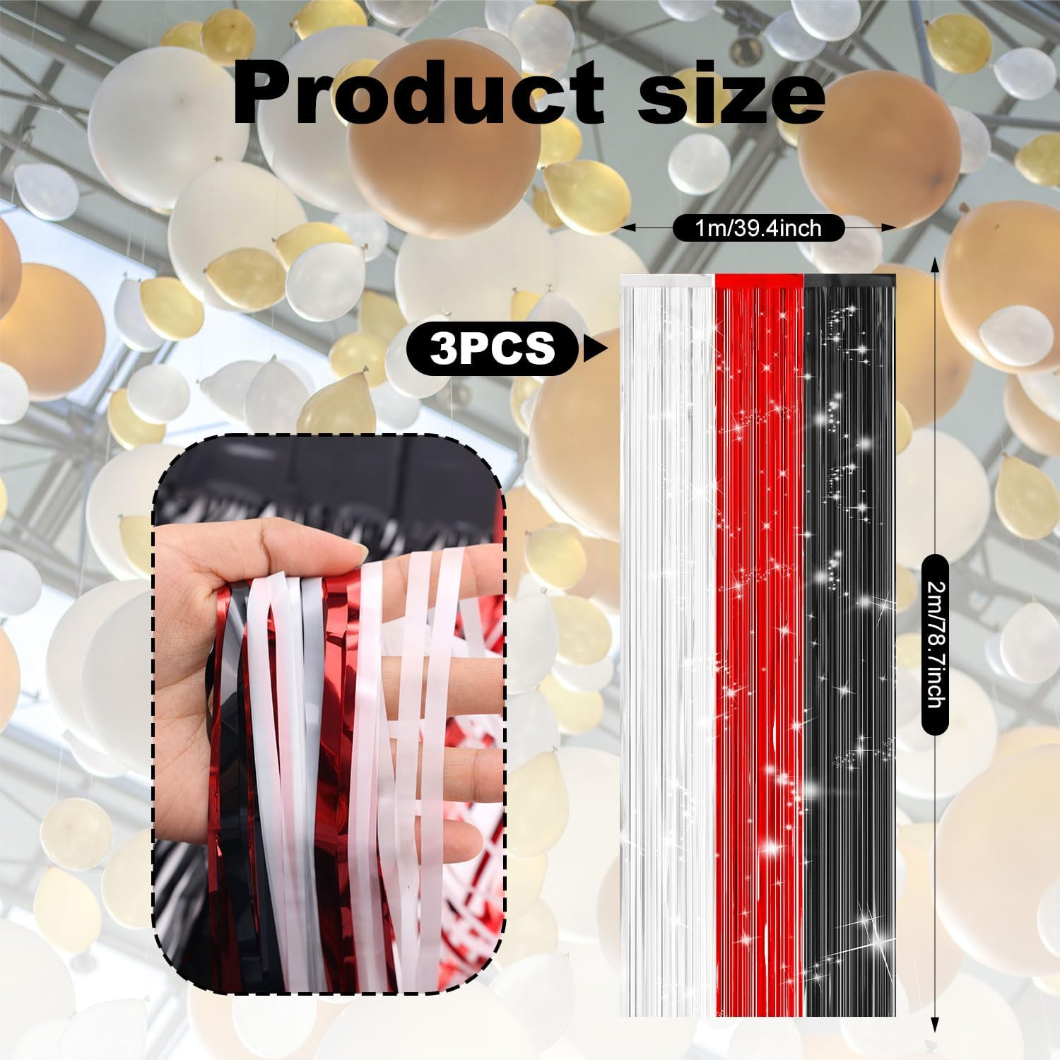 3 Pcs Tinsel Party Streamers, Red Black and White Foil Fringe Curtains Tinsel Streamers Foil Fringe Curtain Backdrop for Birthday Party Decorations image number 2