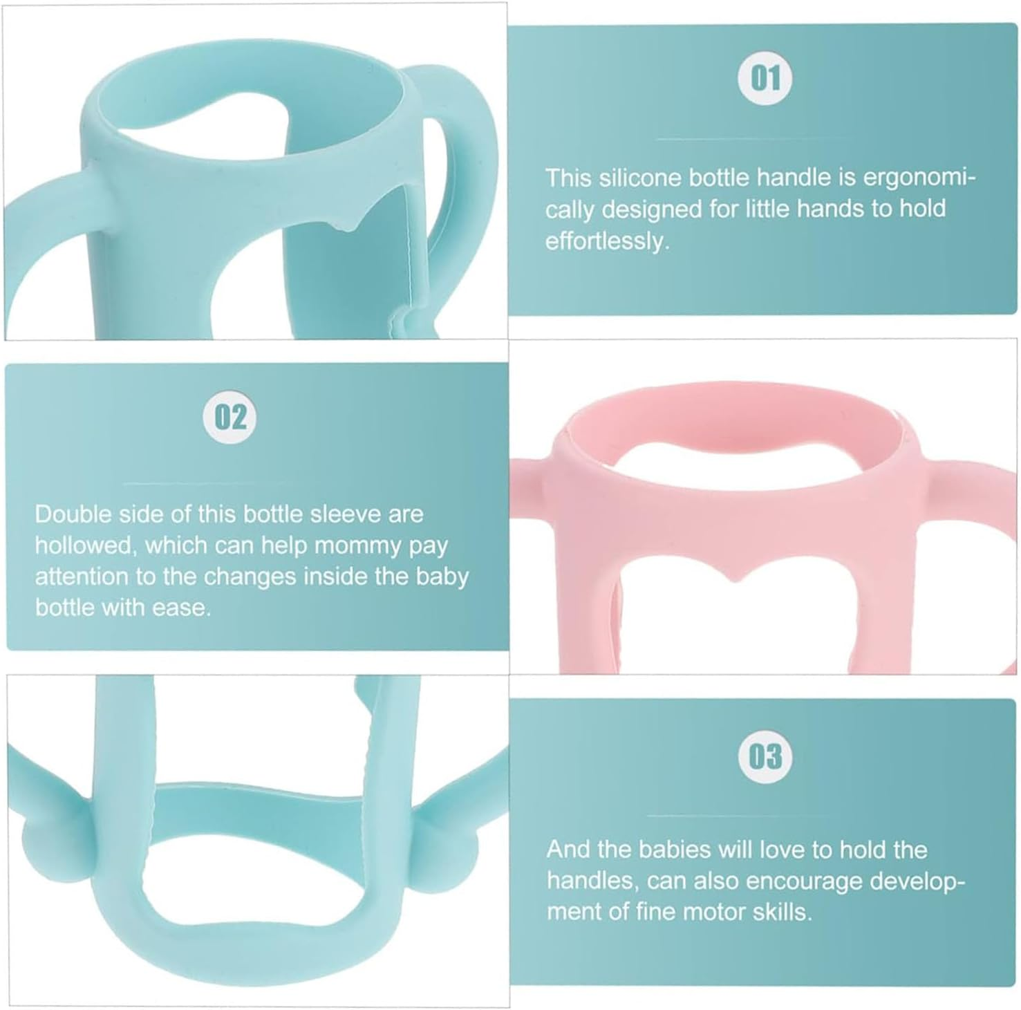 Mtxorvix 3-Pack Silicone Baby Bottle Handles with Wide Neck Design - Transitional Sippy Cup Grips for Infants, Easy-Grip Textured Surface, Leakproof & Bpa-Free (Pink, Light Blue, White) image number 2