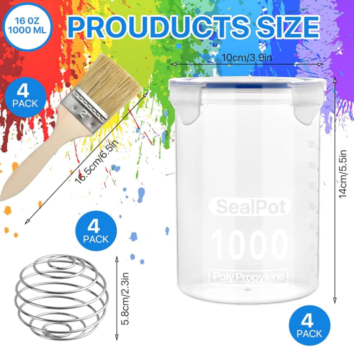 4Pcs No Spill Paint Cups with Lids, 1000Ml Airtight Paint Containers with Mixing Ball & Paint Brush, Clear Paint Storage Jars for Kids, Art, DIY Crafts, Classroom Arts Crafts