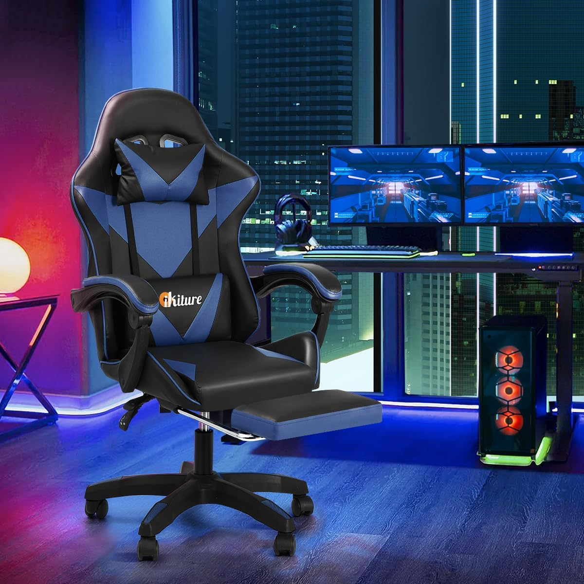 Oikiture Home Gaming Chair Executive Computer Desk Chair with Footrest and Lumbar Pillow Massage Office Chair Black and Blue image number 2