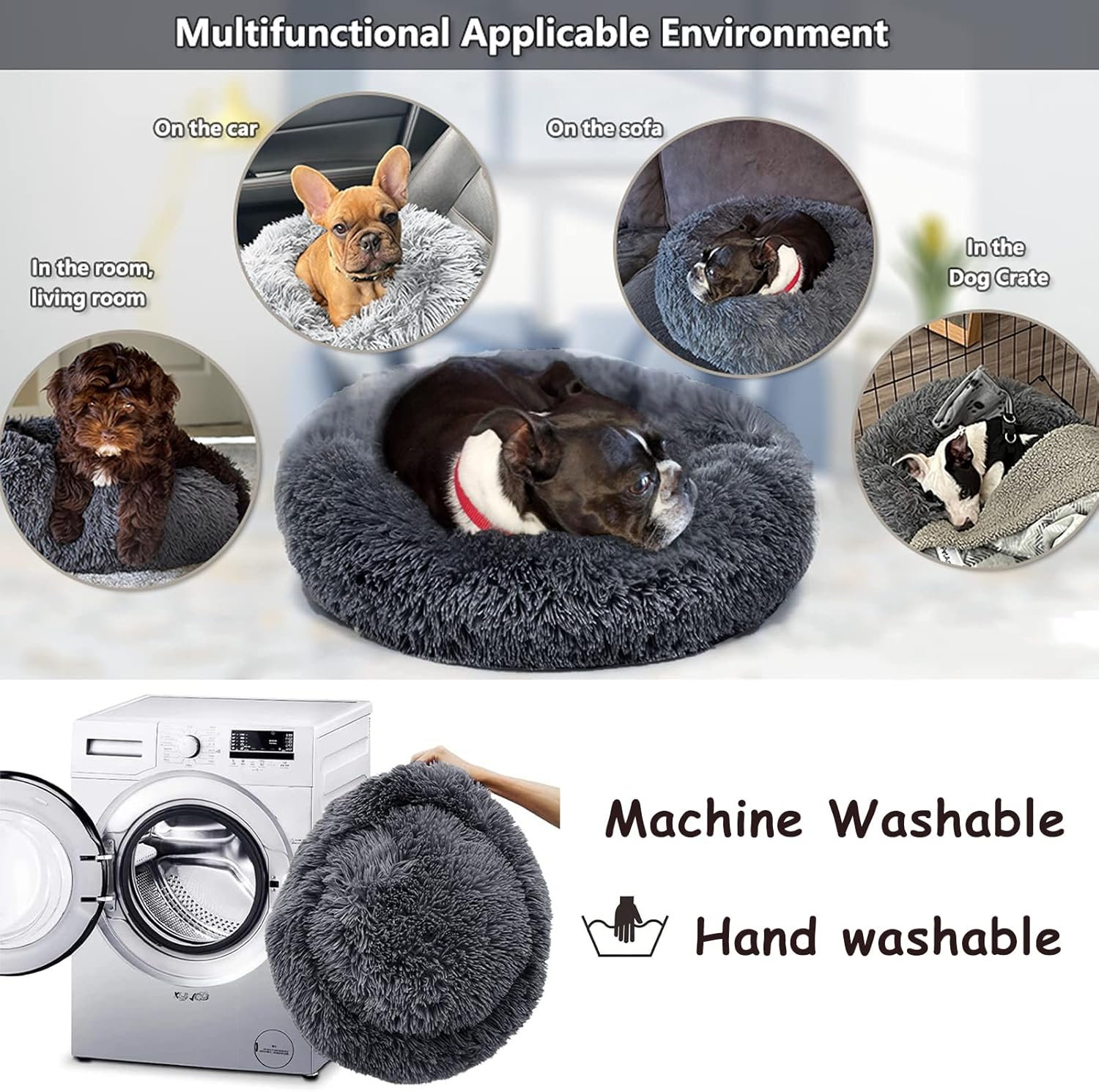 Cat Beds for Indoor Cats, Calming Cat Dog Beds for Small Medium Cats Dogs anti Anxiety Kittens Puppy Donut Bed Machine Washable Cat Bed Warming Soft Fuzzy Comfy round Pet Bed (Dark Grey, 24 Inches) image number 1