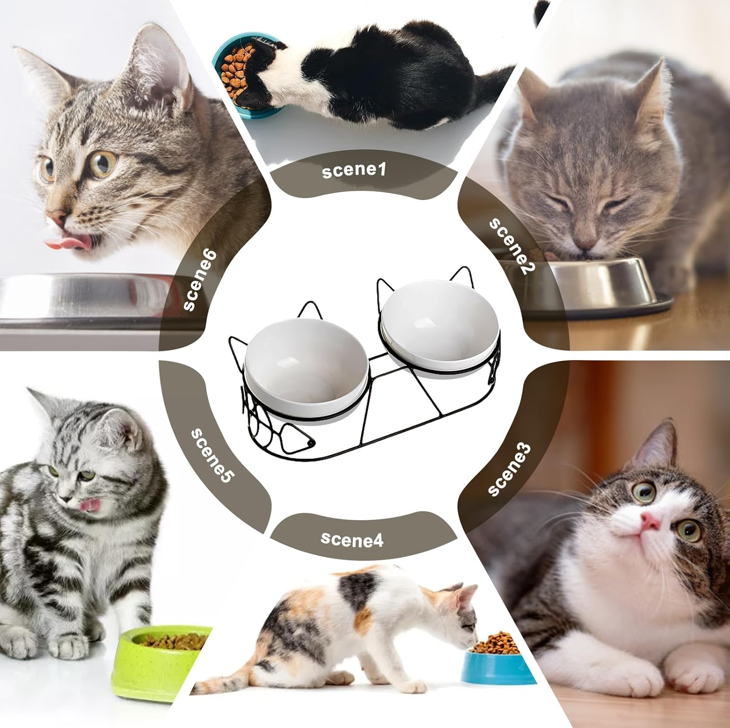 Raised Cat Bowl, Ceramic Feeding Bowl, Feeding Station, Raised Set of 3 with 15&deg; Tilted for Cats and Small Dogs, Double Bowl image number 6