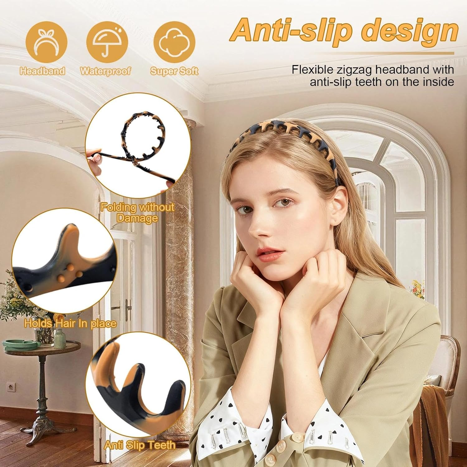 WJUAN Zigzag Women'S Silicone Headband with Metal Wire, Non-Slip & Flexible, for Girls & Women, Anti-Pressure, Adjustable for Makeup, Shopping & Dating