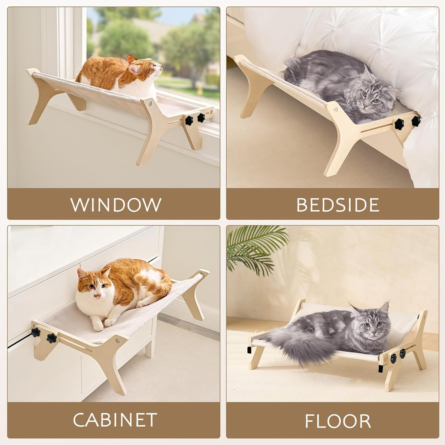 Cat Sill Window Perch Hammock Window Seat with Cushion Bed Cover, Wood & Metal Frame for Large Cats, Easy to Adjust Cat Bed for Windowsill, Bedside, Drawer and Cabinet image number 3